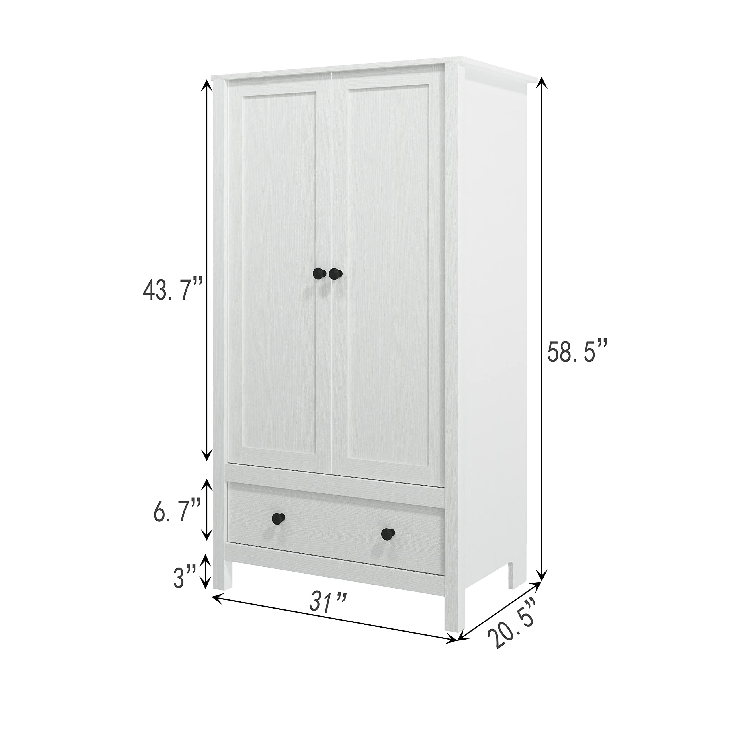 Panana 2 Door Wardrobe Closet with Drawer - White Wooden Armoire for Bedroom Storage | Perfect for Organizing Clothes, Shoes & Accessories in Master Bedroom, Guest Room or Dorm