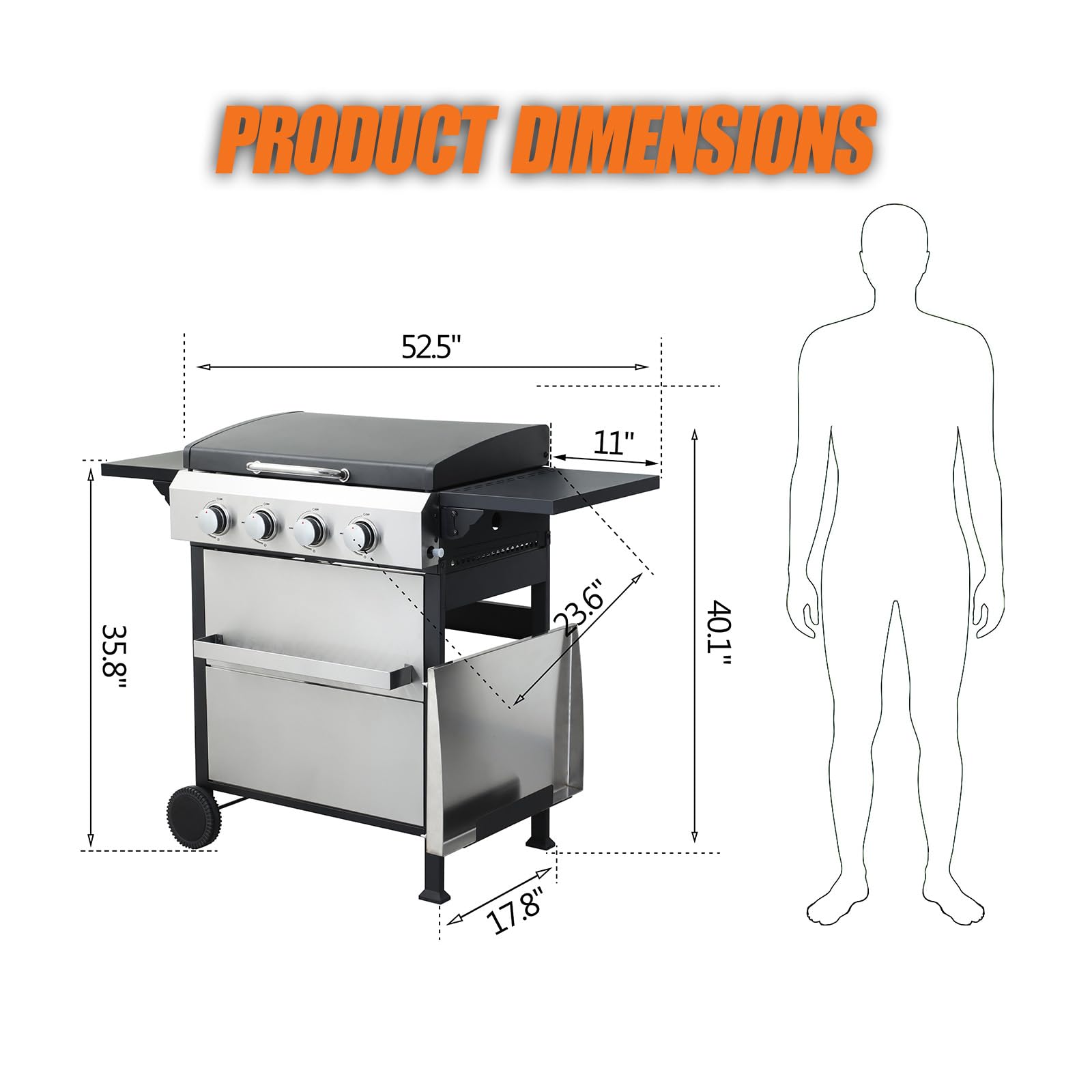 4 Burner Outdoor Griddle Grill Combo - 2-in-1 Propane Gas BBQ Grill with Enameled Cast Iron Grids & Stainless Steel Plancha - 49,200 BTU Portable Gas Grill for Backyard, Camping, Tailgating and Outdoor Cooking