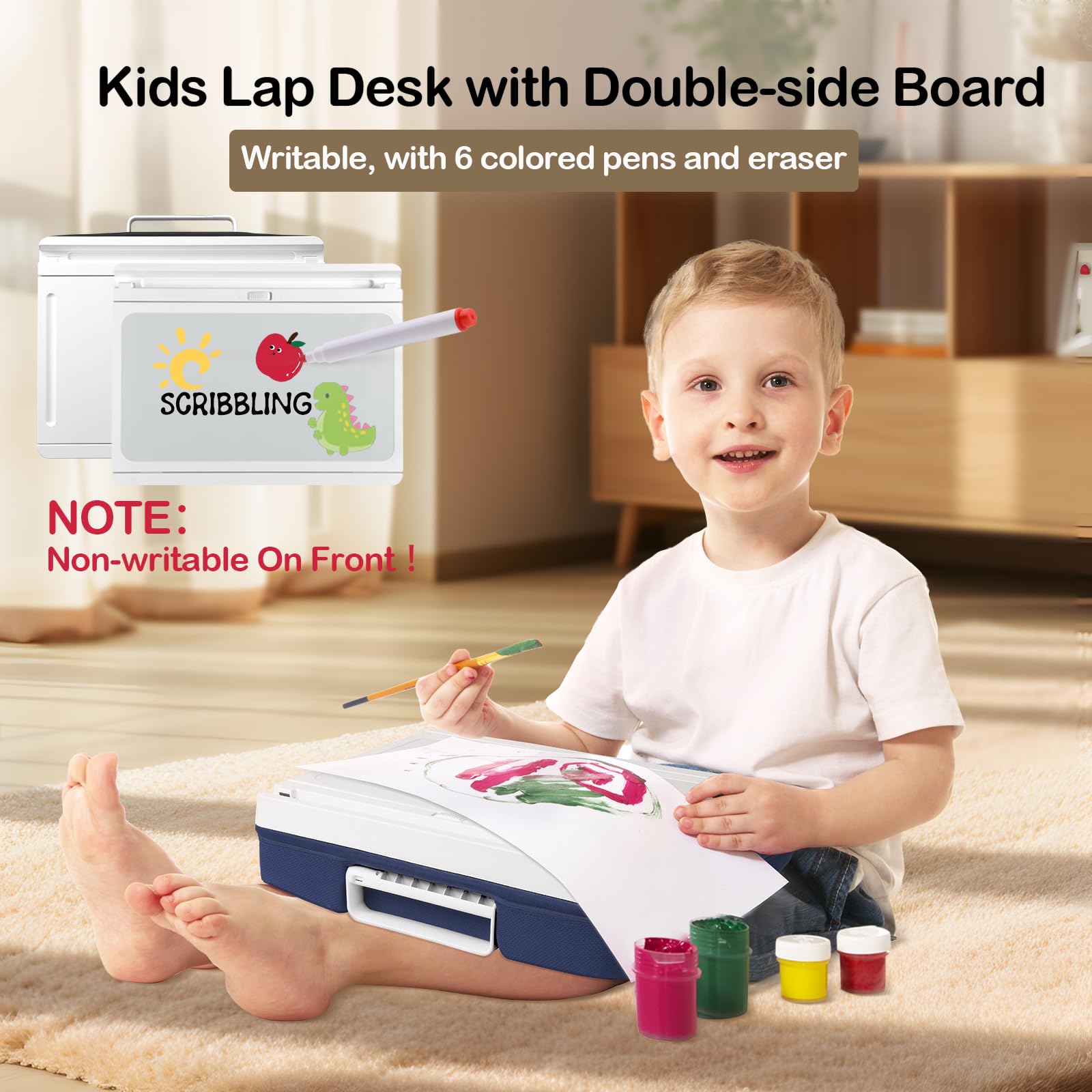 Kids Lap Desk with Storage Cushion & Magnetic Whiteboard - Portable Double-Sided iPad Slot Lap Table for Children & Adults - Washable Study & Drawing Surface - Perfect for Bed, Sofa, Car & Homeschooling - White