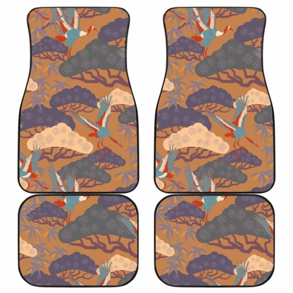 Japanese Bonsai Bamboo Stork Pattern Brown Car Mats - Front & Back Set for Luxury & Style | Perfect for Sedans, SUVs, and Trucks