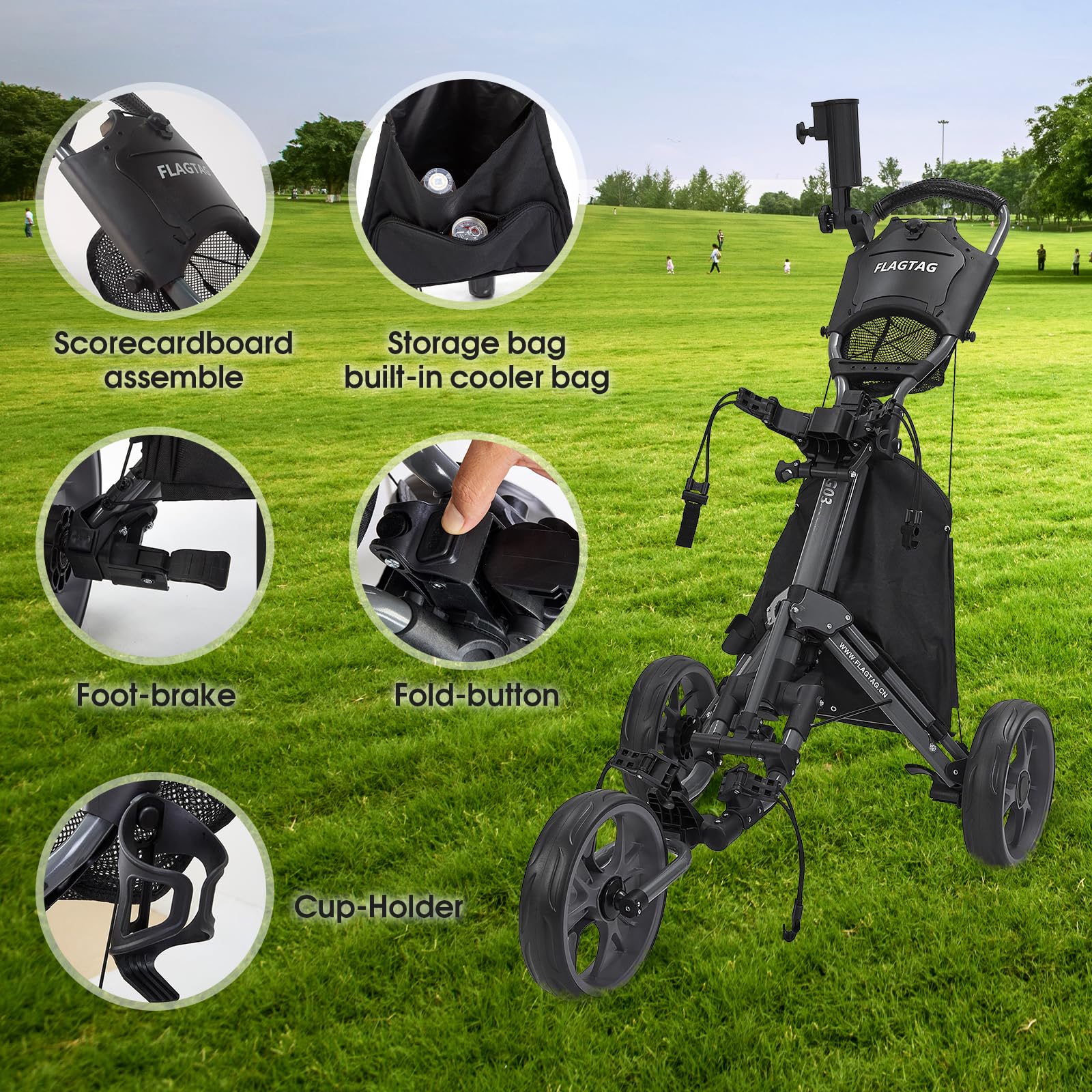 3 Wheel Foldable Golf Push Cart with Foot Brake, Umbrella Holder & Cup Holder - Lightweight Golf Bag Caddy with Storage Compartment for Men & Women - Perfect for Golf Courses, Driving Range & Outdoor Practice