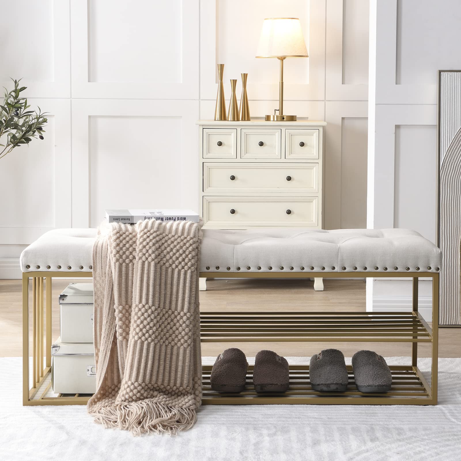Linen Storage Bench with Tufted Padded Seat - Gold Metal Frame Ottoman Shoe Bench for Entryway, Bedroom, Living Room & Mudroom - Beige Home Decor for Small Space Organization