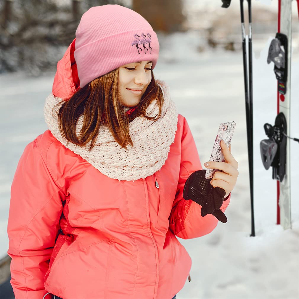 Men's & Women's Winter Beanie with Pink Flamingos Embroidery - Acrylic Skull Cap for Cold Weather - Cozy Animal Print Hat for Outdoor Activities, Skiing & Snowboarding
