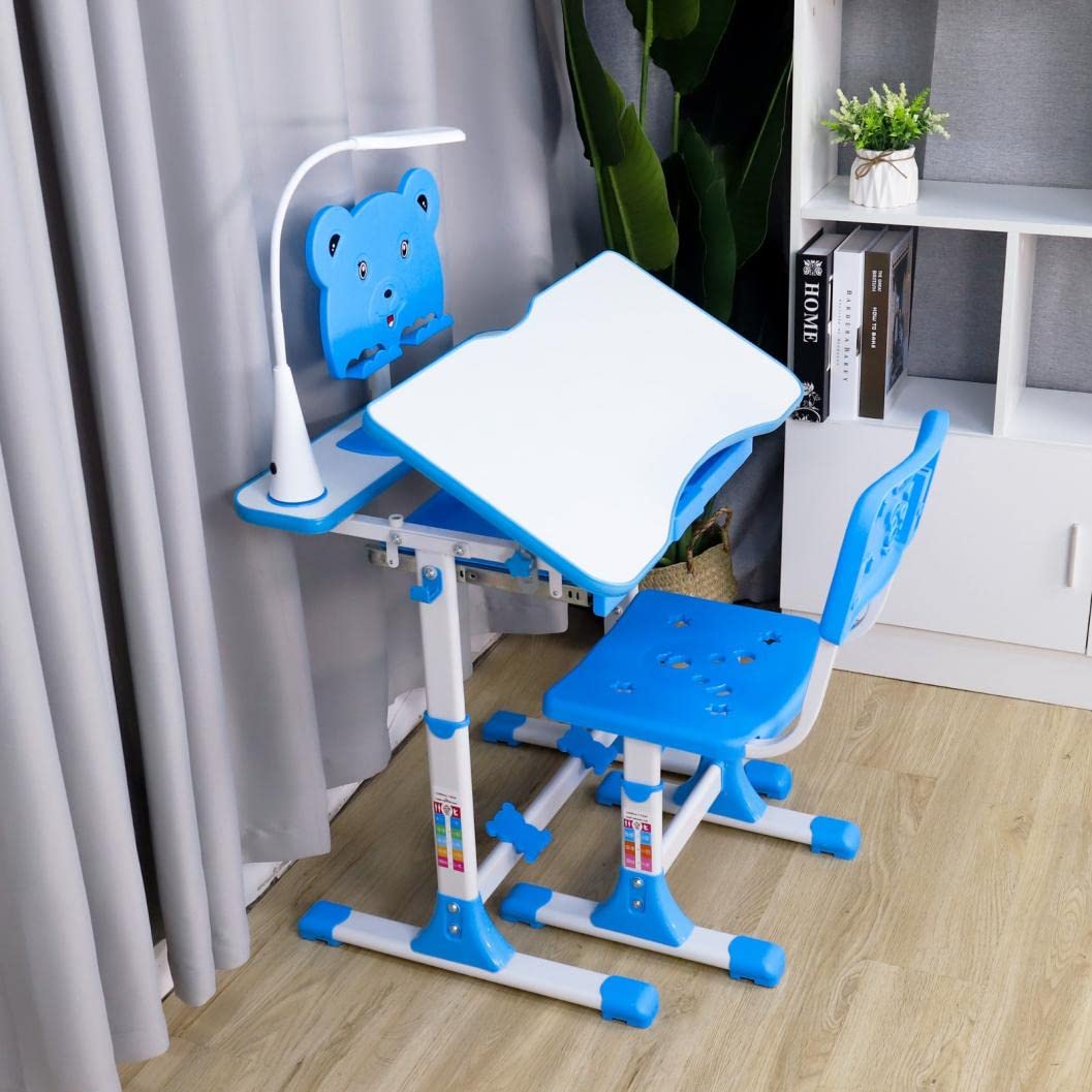Mnjin Adjustable Kids Desk and Chair Set with LED Light, Bookstand & 0-45° Tiltable Tabletop - Ergonomic Study Table for Boys & Girls Ages 3-18 - Perfect for Homework, Reading & Online Learning (Blue)