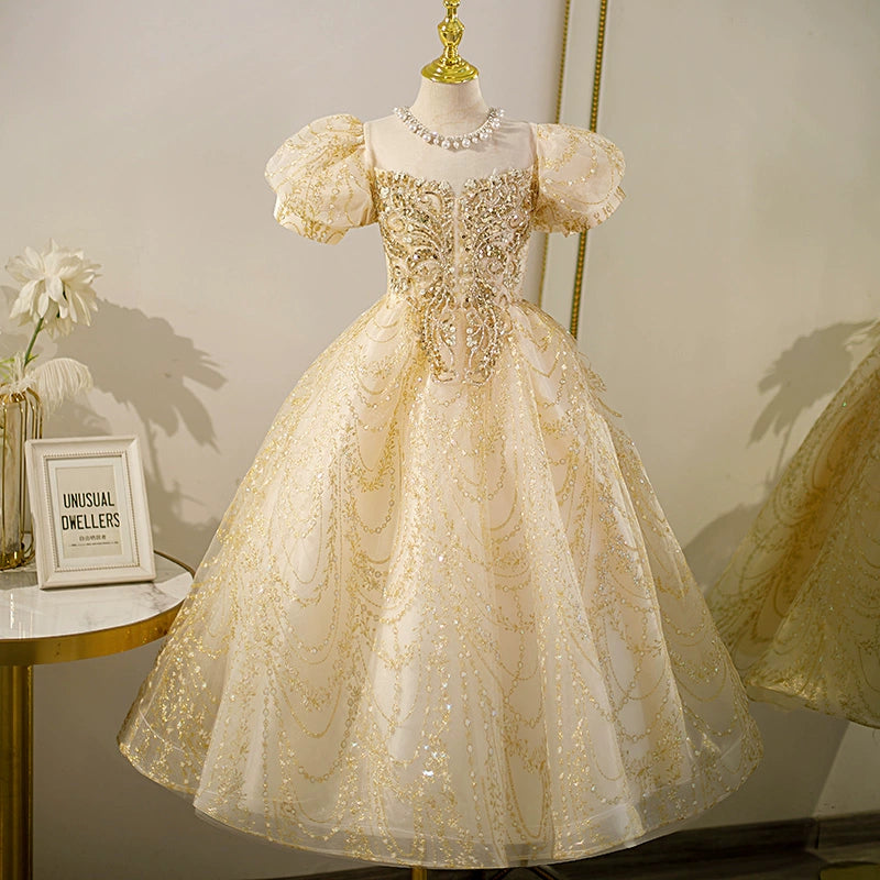 Gold Princess Jewel Neck Floor Length Sequined Flower Girl Dress for Weddings, Pageants & Special Occasions