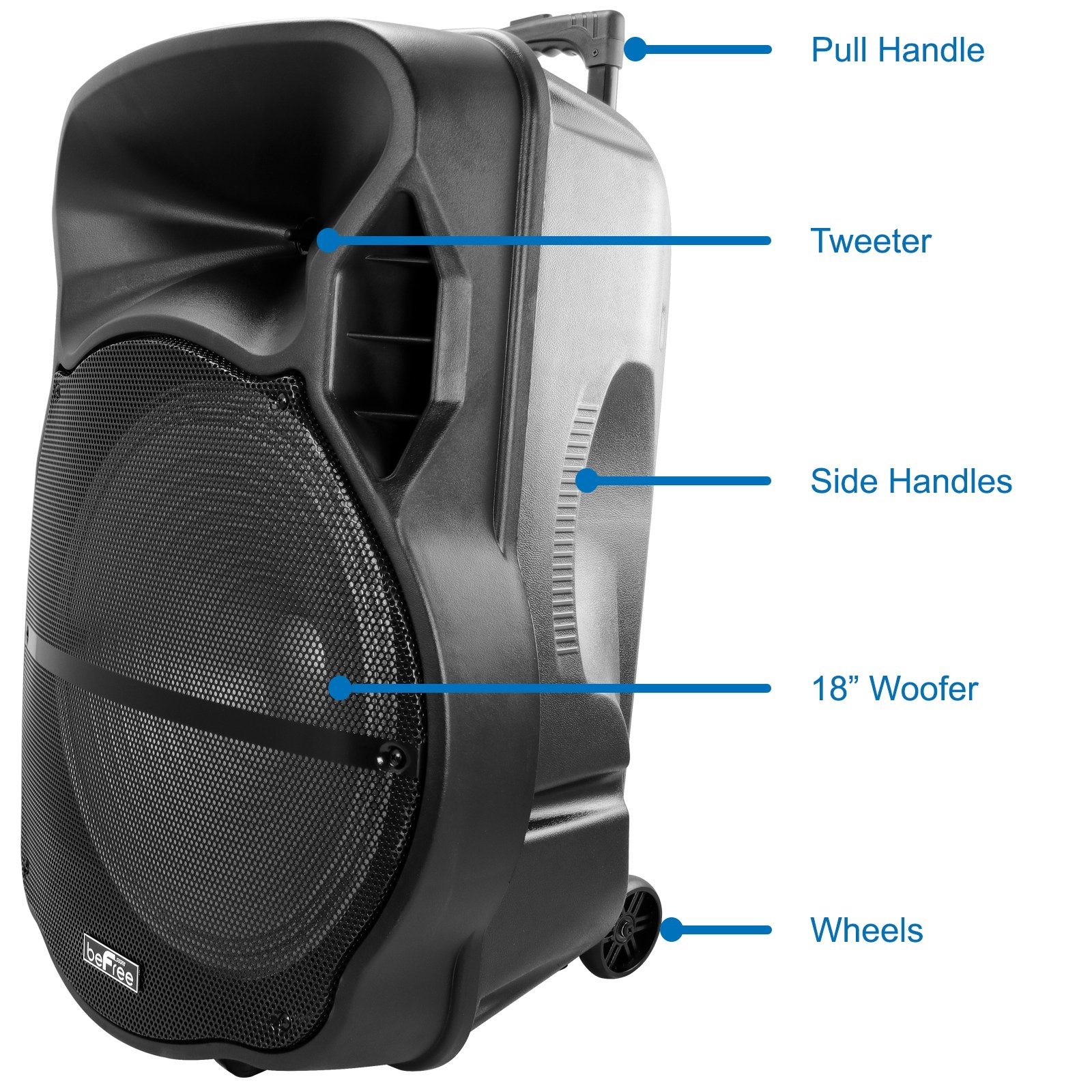 beFree Sound 18 Inch Bluetooth Party Speaker - Portable Rechargeable Wireless Speaker with LED Lights, USB/SD Playback, Mic/Guitar Inputs & FM Radio - Perfect for Outdoor Parties, Beach Gatherings & Home Entertainment