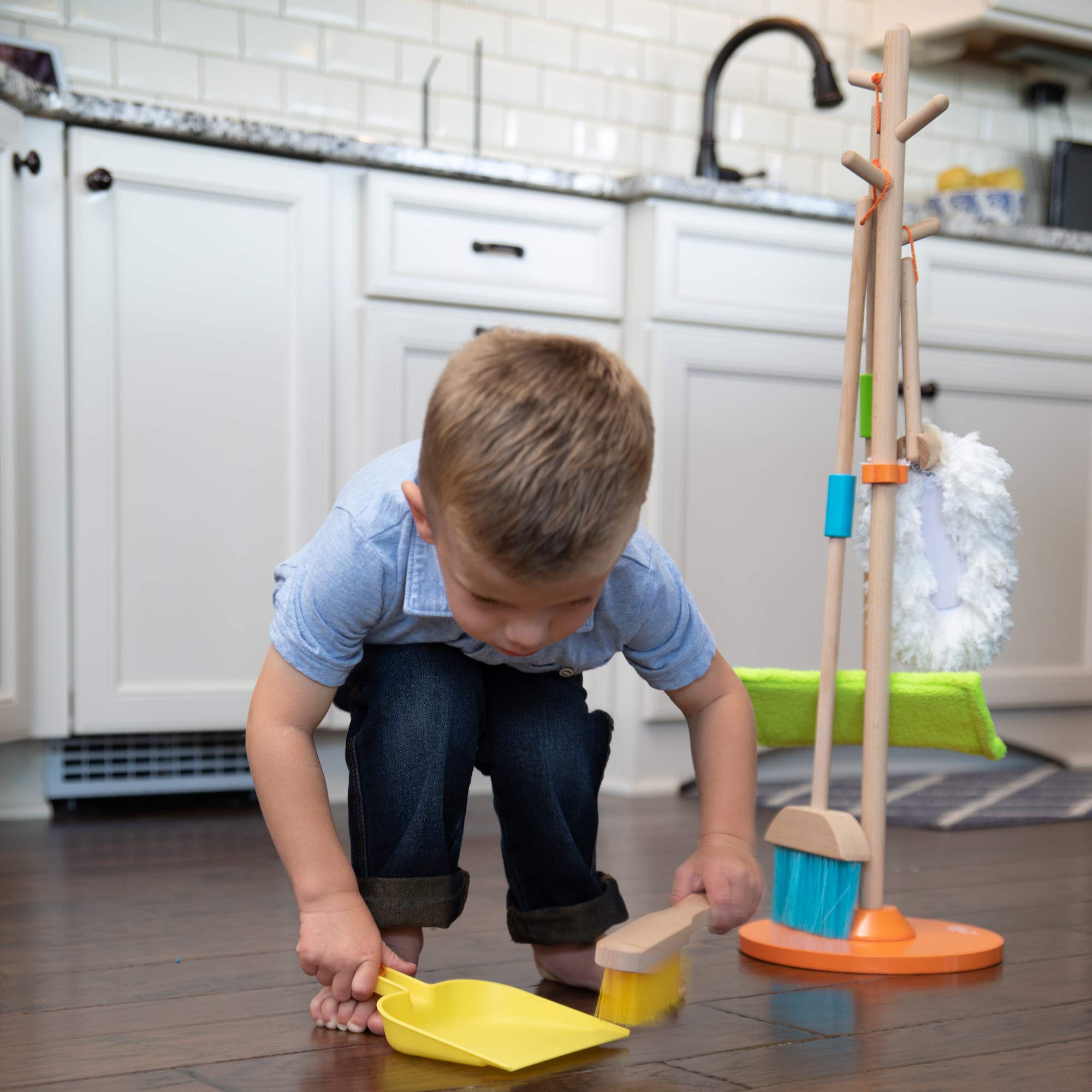 Fat Brain Toys Sweep, Scrub, and Shine Cleaning Set - Wooden Pretend Play Toy for Kids Ages 3+, Toddler Cleaning Toy Set for Role Play & Early Learning - Perfect for Home, Preschool & Montessori Classroom