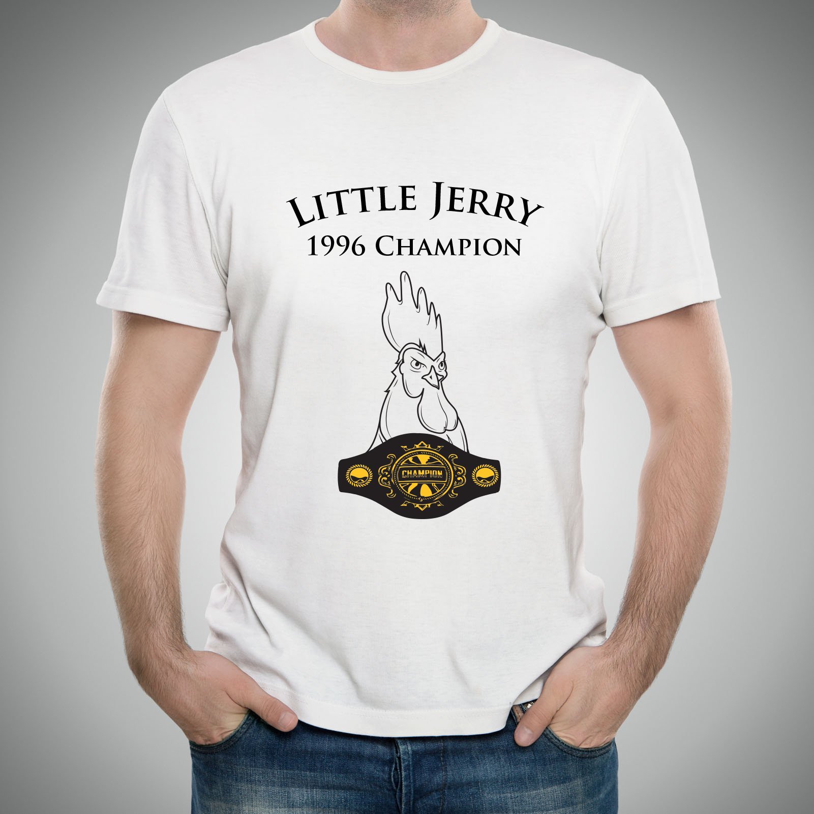UGP Campus Apparel - Little Jerry Funny Chicken Rooster Champion TV Show T-Shirt - Small White - Soft Cotton Tee for Fans, Comedy Lovers & Casual Wear