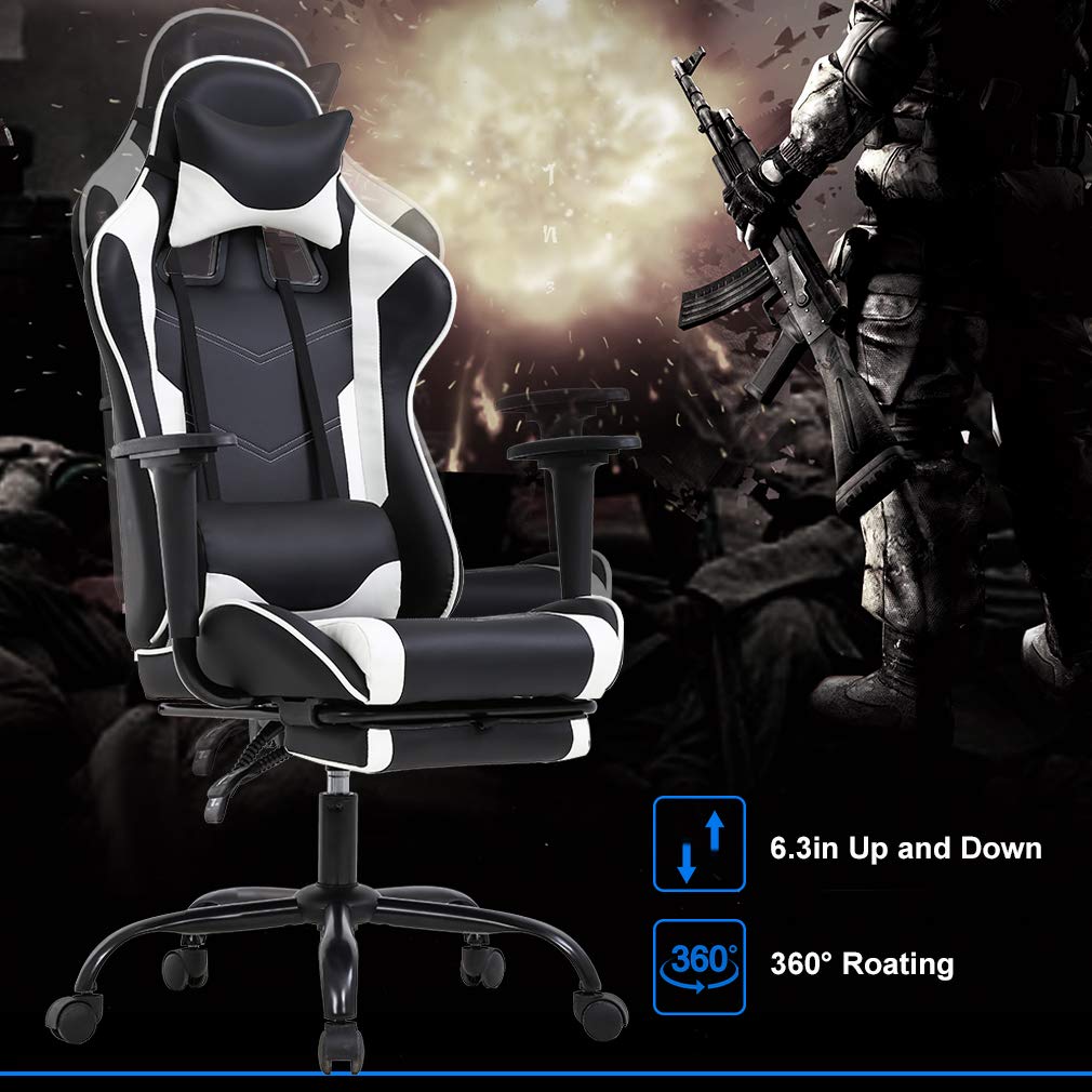 Ergonomic Gaming Chair with Lumbar Support - PU Leather PC & Office Chair, Adjustable Recliner with Massage Function, Swivel Rolling Task Chair for Adults (White) - Perfect for Home Office, Gaming Setup & Workstation Comfort