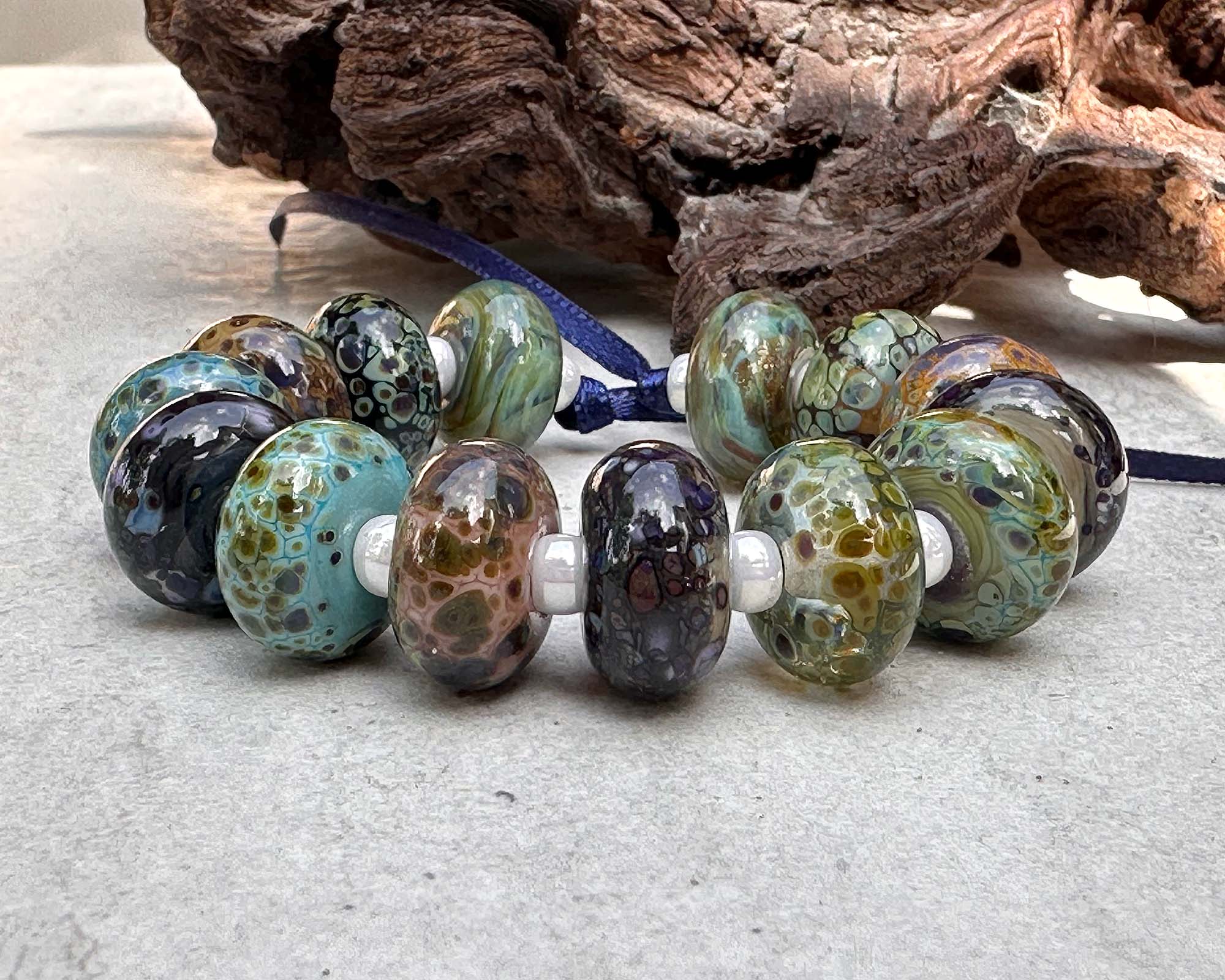 14pcs Blue Green Organic Mix Lampwork Glass Beads Set for Jewelry Making - DIY Bracelets, Necklaces & Craft Projects