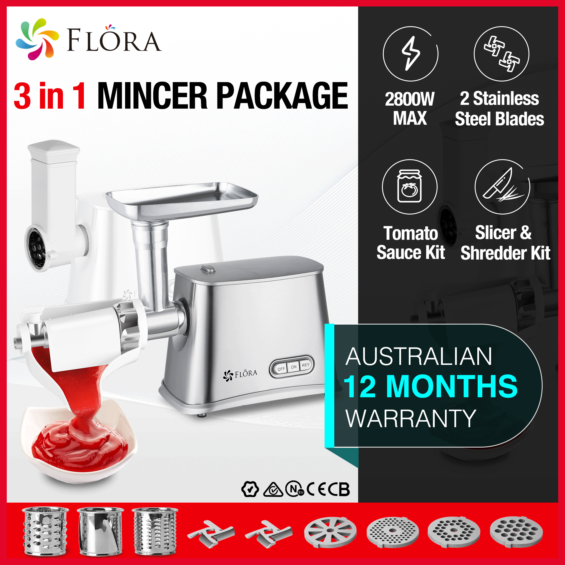 Flora Max 2800W Electric Meat Grinder & Sausage Stuffer - 3-in-1 Mincer, Slicer & Shredder with Tomato Sauce Attachment - Elite Model FL MGM GS550 (AU Stock) - Perfect for Home Kitchens, Butcher Shops & Food Processing