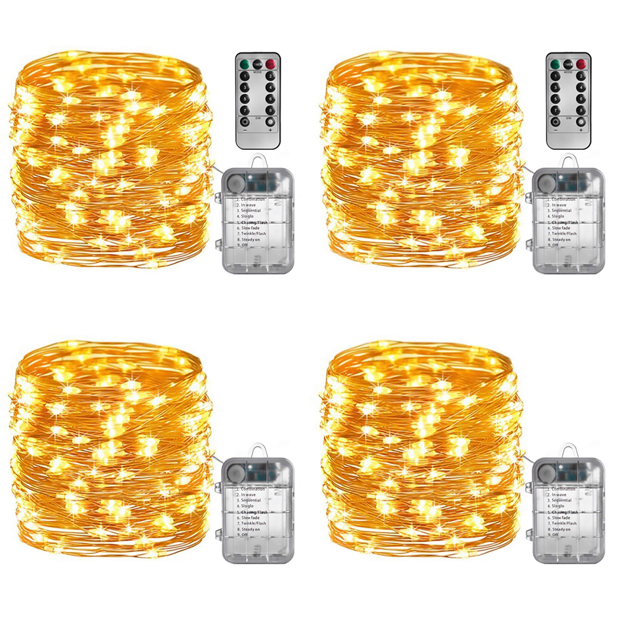 Sterno Home GL40736 50-Count Battery-Powered LED Fairy String Lights - 65.6-Feet Copper Wire Lights with Remote (4 Pack) for Indoor & Outdoor Decor, Parties, Weddings, and Garden Lighting