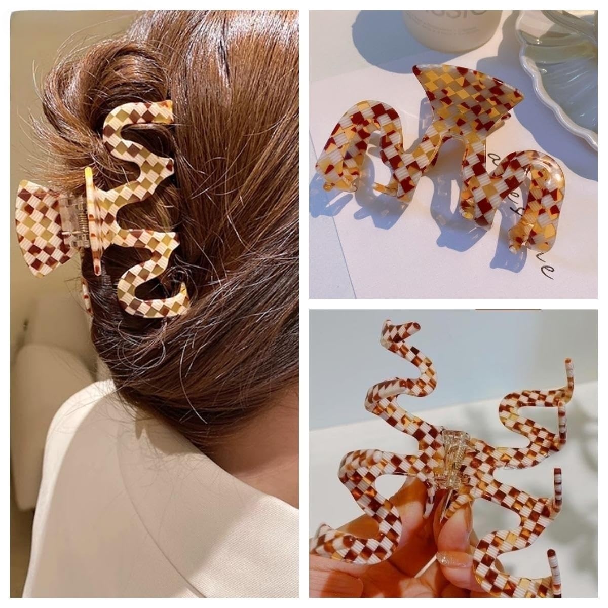 Large 3.5 Inch Tortoise Shell Hair Claw Clips - 2 Pack Cellulose Acetate Hair Clips for Women, French Design Checkered Jaw Clamps | Perfect for Updos, Ponytails & Everyday Hairstyles
