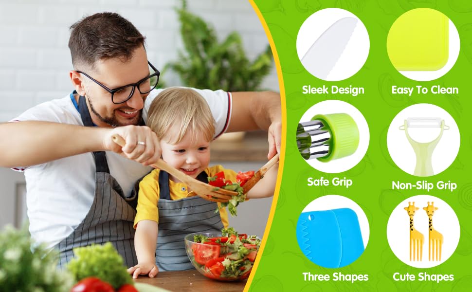 **Best Toddler Knife Set for Kids - Real Cooking Kitchen Tools with Chef Knives, Cutting Boards, Sandwich Cutters & Peeler - Perfect Gift for Boys & Girls Birthday - Safe for Baking, Meal Prep & Learning Cooking Skills**