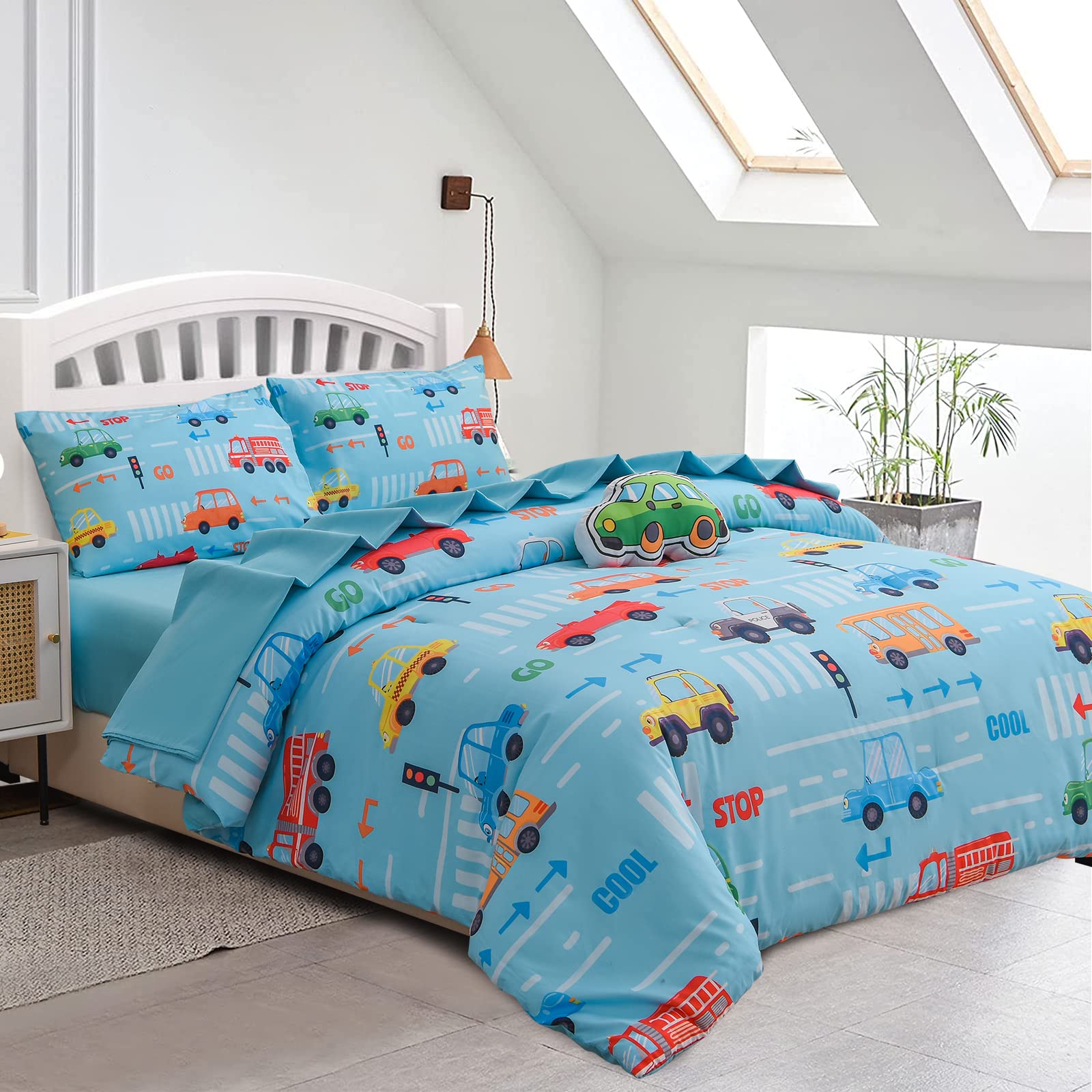 **Cute Cartoon Traffic Light & Transport Vehicles Printed Comforter Set - Twin Size 5Pcs (Blue) - Soft Bedding for Kids & Boys' Room Decor - Perfect for Nursery, Bedroom & Gift**