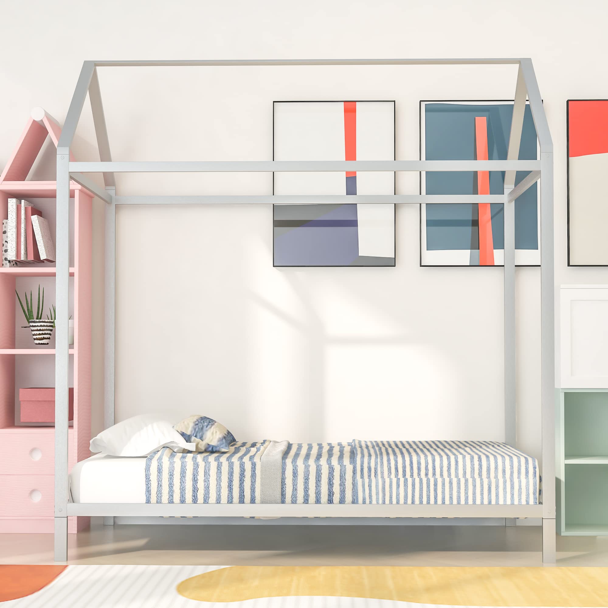 **Metal Twin Platform Bed for Kids with Roof - Montessori Floor Bed for Boys & Girls, No Box Spring Needed (Twin, Silver) - Perfect for Small Bedrooms, Playrooms & Montessori Learning Spaces**