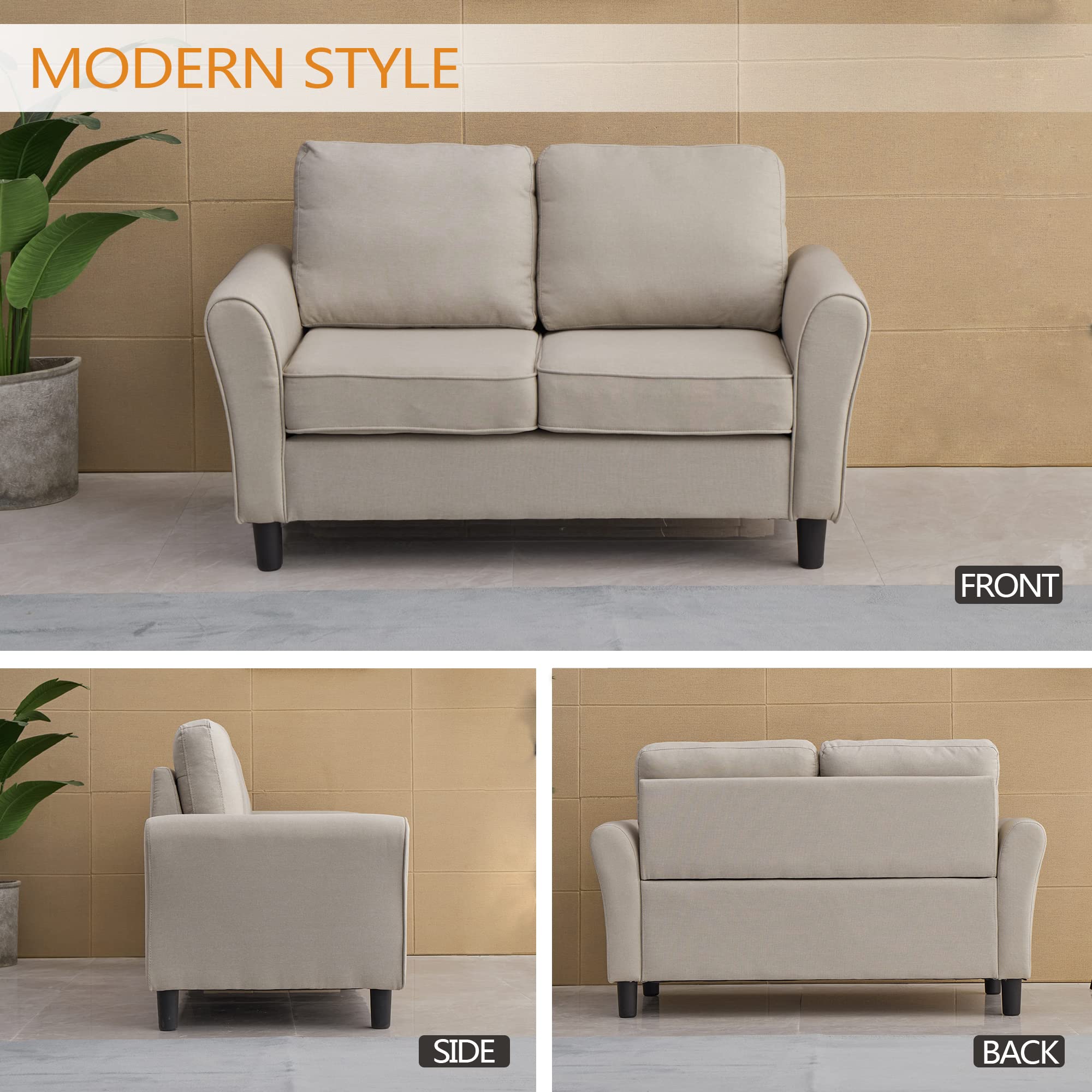 Modern Linen Loveseat Sofa - Comfortable Small Couch for Living Room, Office & Bedroom - Beige Fabric 2-Seater - Perfect for Apartments, Reading Nooks & Cozy Spaces