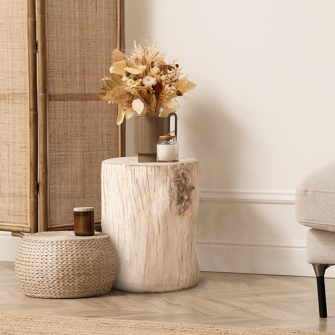 SUNBURY Concrete Stump Side Table - Faux Wooden End Table for Patio, Garden, Living Room - Beige Stool Plant Stand Holder | Perfect for Outdoor Decor, Coffee Table Accent & Home Interior Design