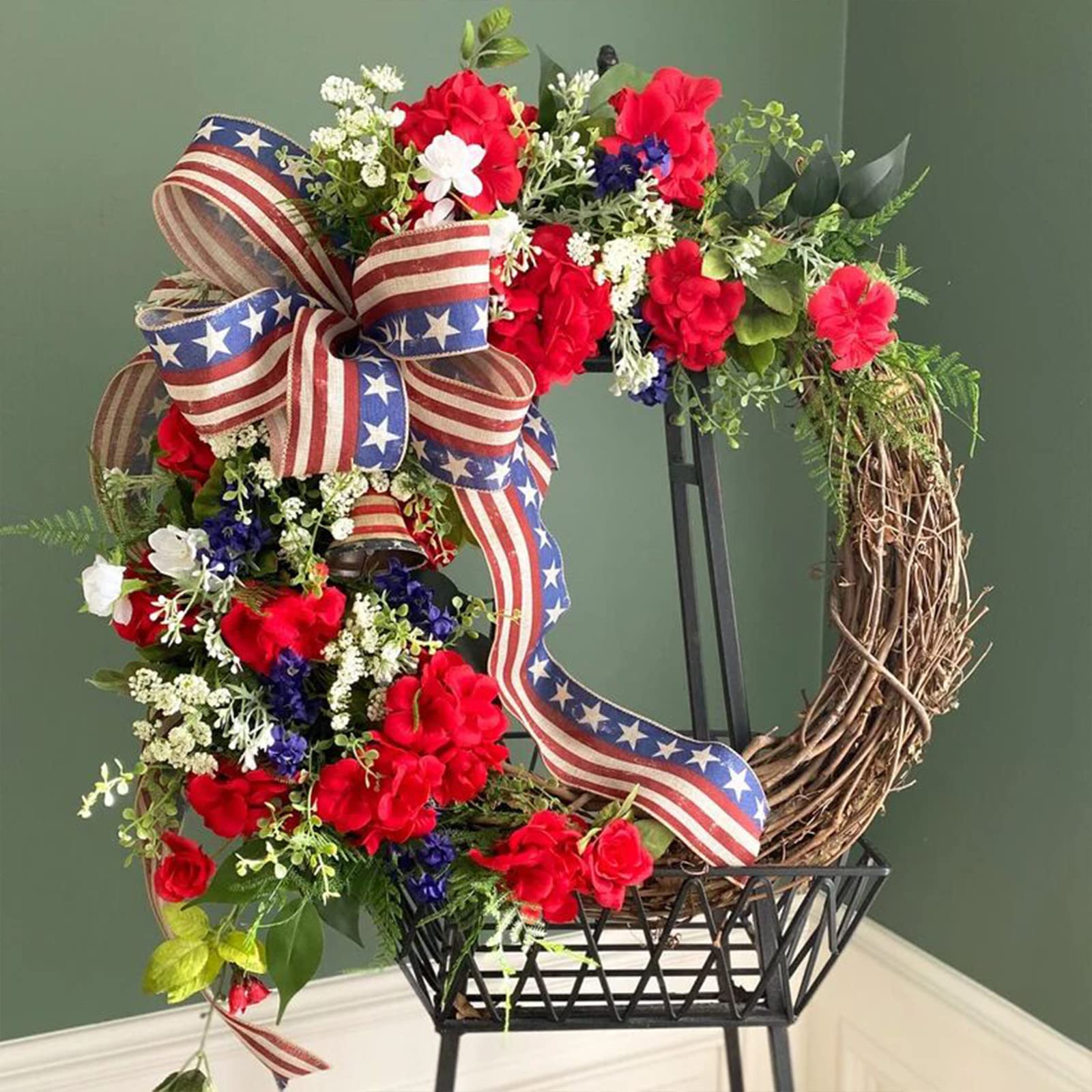 4th of July Wreath - Patriotic Front Door Wreath for Independence Day Decor, Outdoor Summer Wreath Garland with Hanger, Red White & Blue Holiday Door Hanging for Home - Perfect for Front Porch, Patio, and Wall Decor