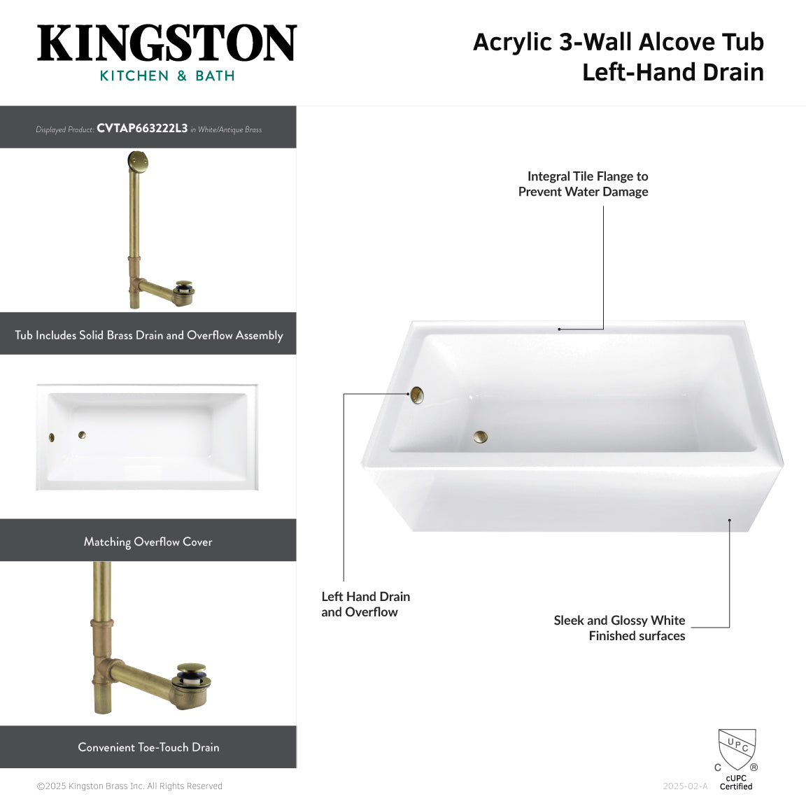 Aqua Eden 66 Inch Acrylic Rectangular 3-Wall Alcove Bathtub Combo with Waste & Overflow Drain - Left Hand Drain, Glossy White/Oil Rubbed Bronze - Perfect for Modern Bathroom Renovations & Spa-Like Retreats