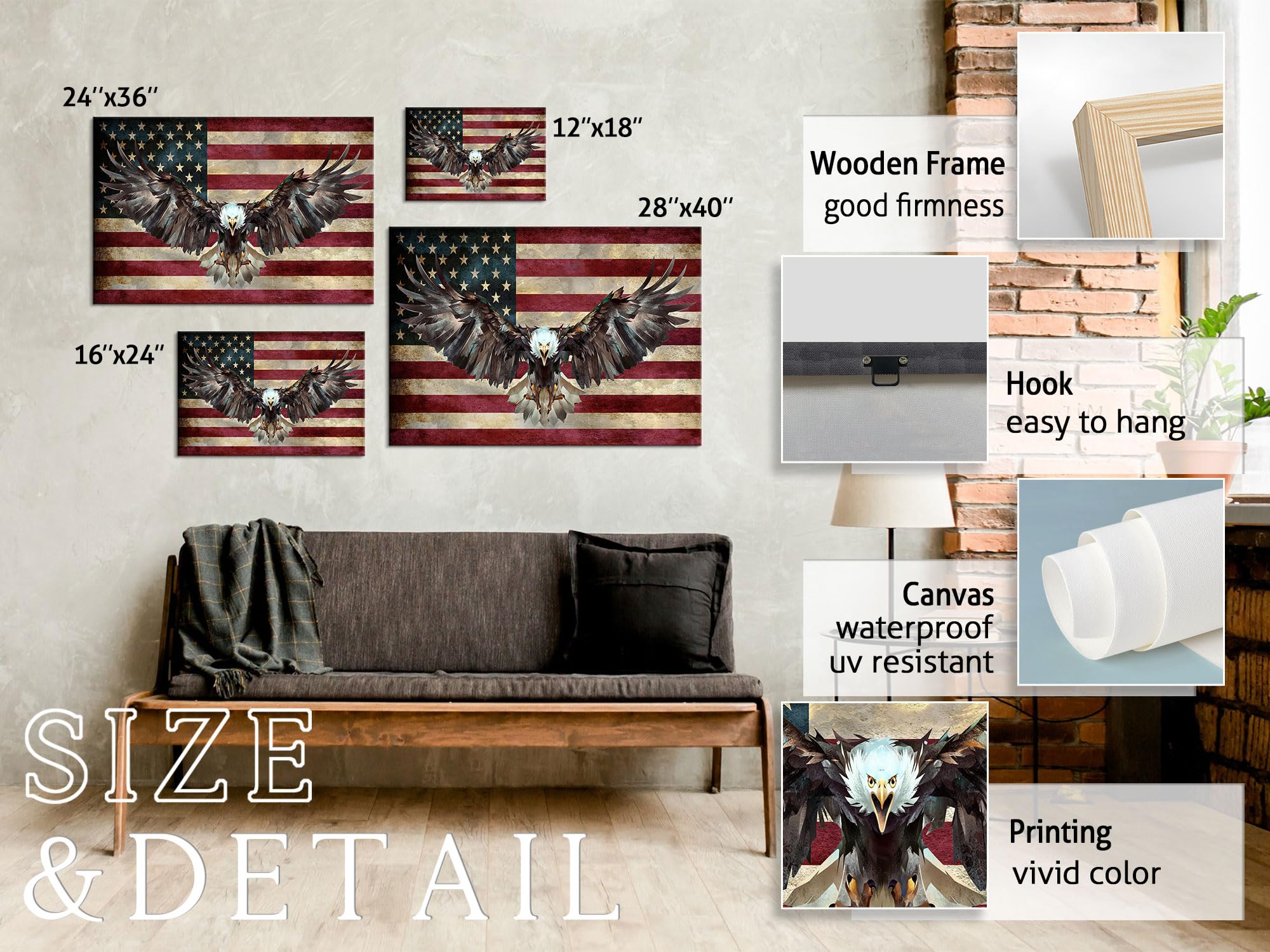 Rustic American Flag Wall Art - Handmade Wooden Bald Eagle Flag Decor for Home & Office - Patriotic Military Wall Hanging - Ready to Hang (16''W x 24''H) - Perfect for Living Room, Bedroom, or Office Decor