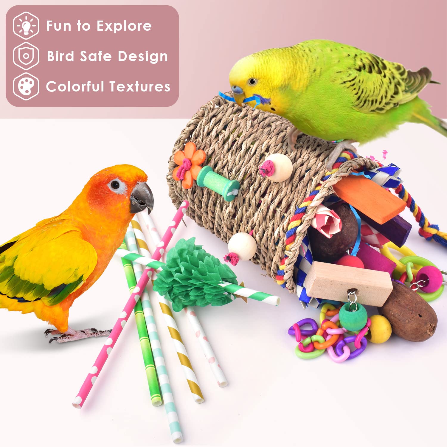 KATUMO Bird Toys for Parakeets, Cockatiels & Conures - Natural Grass Foraging & Shredding Basket - Small & Medium Bird Cage Toys - Perfect for Mental Stimulation & Playtime