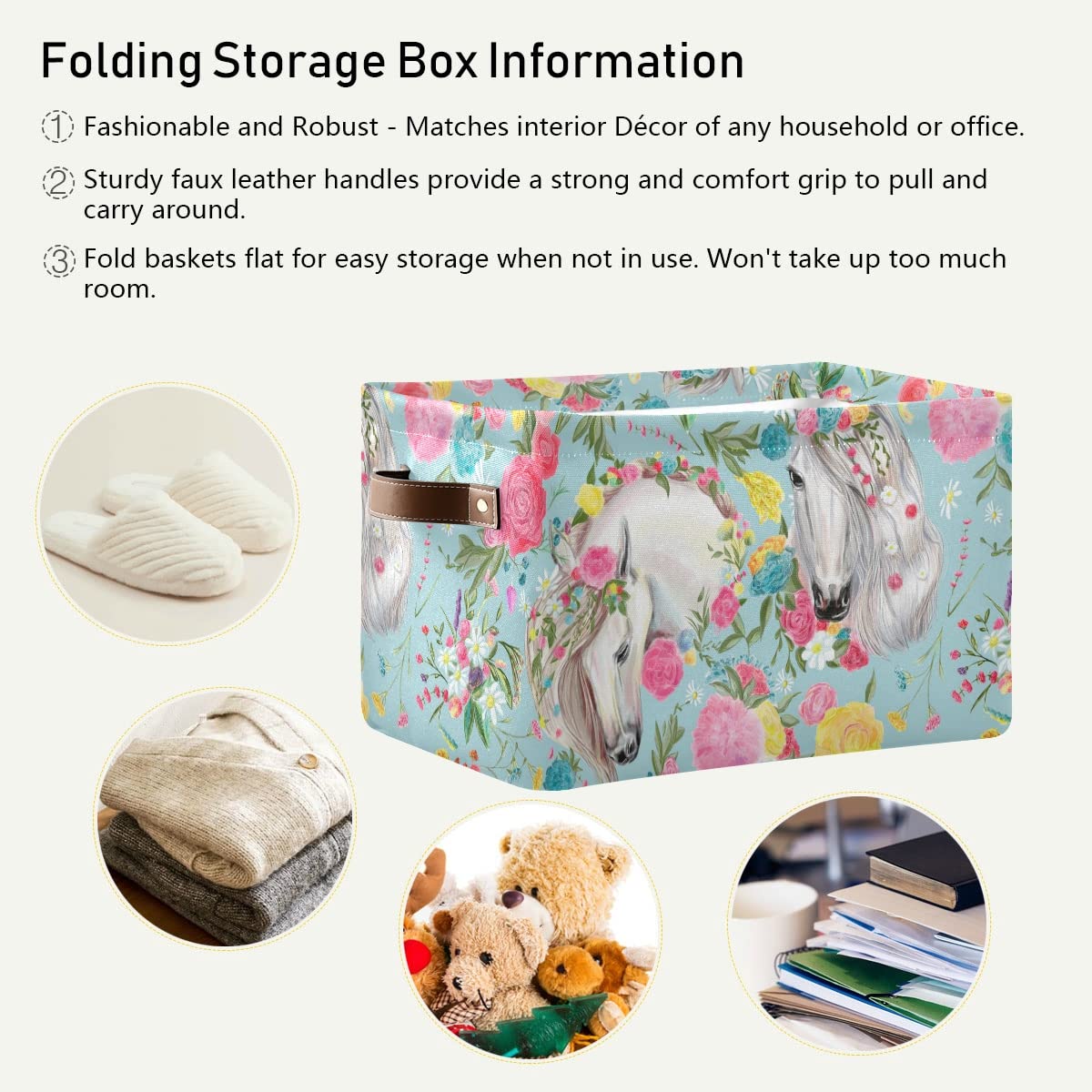 Square Canvas Storage Basket for Closet & Office - Horses & Flowers Design