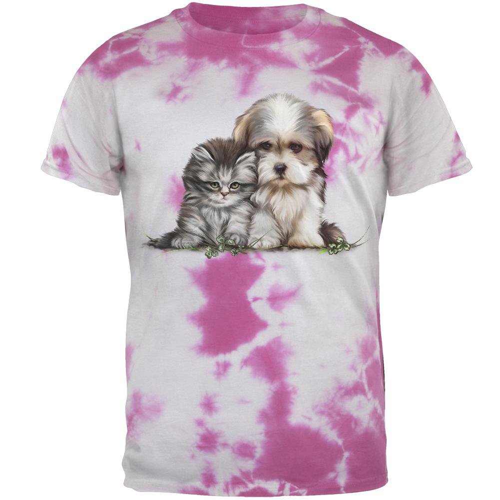Old Glory Best Friends Puppy and Kitten Tie Dye T-Shirt for Men - Lightning Pink - Medium | Cute Matching Couple Outfits, Pet Lover Gifts, Casual Wear