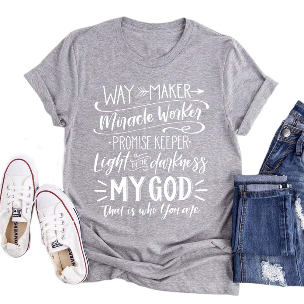 LORSU Women's Way Maker Miracle Worker Shirt - Promise Keeper Light in The Darkness Letter Print T-Shirt - Funny Adult Humor Tee for Church, Bible Study & Christian Gift Giving