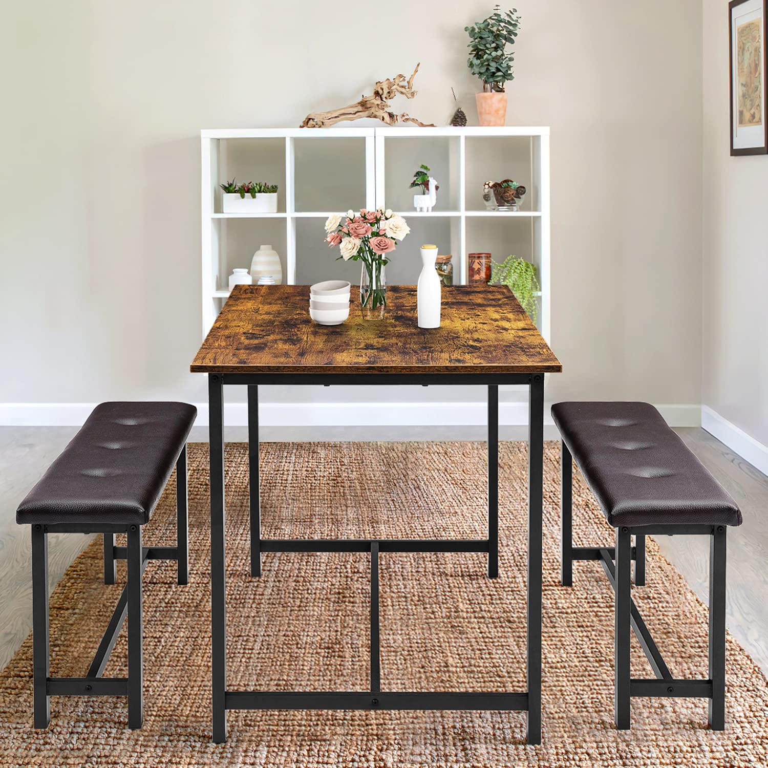Alkmaar Retro Brown Kitchen Table Set with 2 Upholstered Benches for 4, Metal and Wood Rectangular Dining Table for Small Spaces, Apartments, Perfect for Cozy Breakfasts and Intimate Dinners