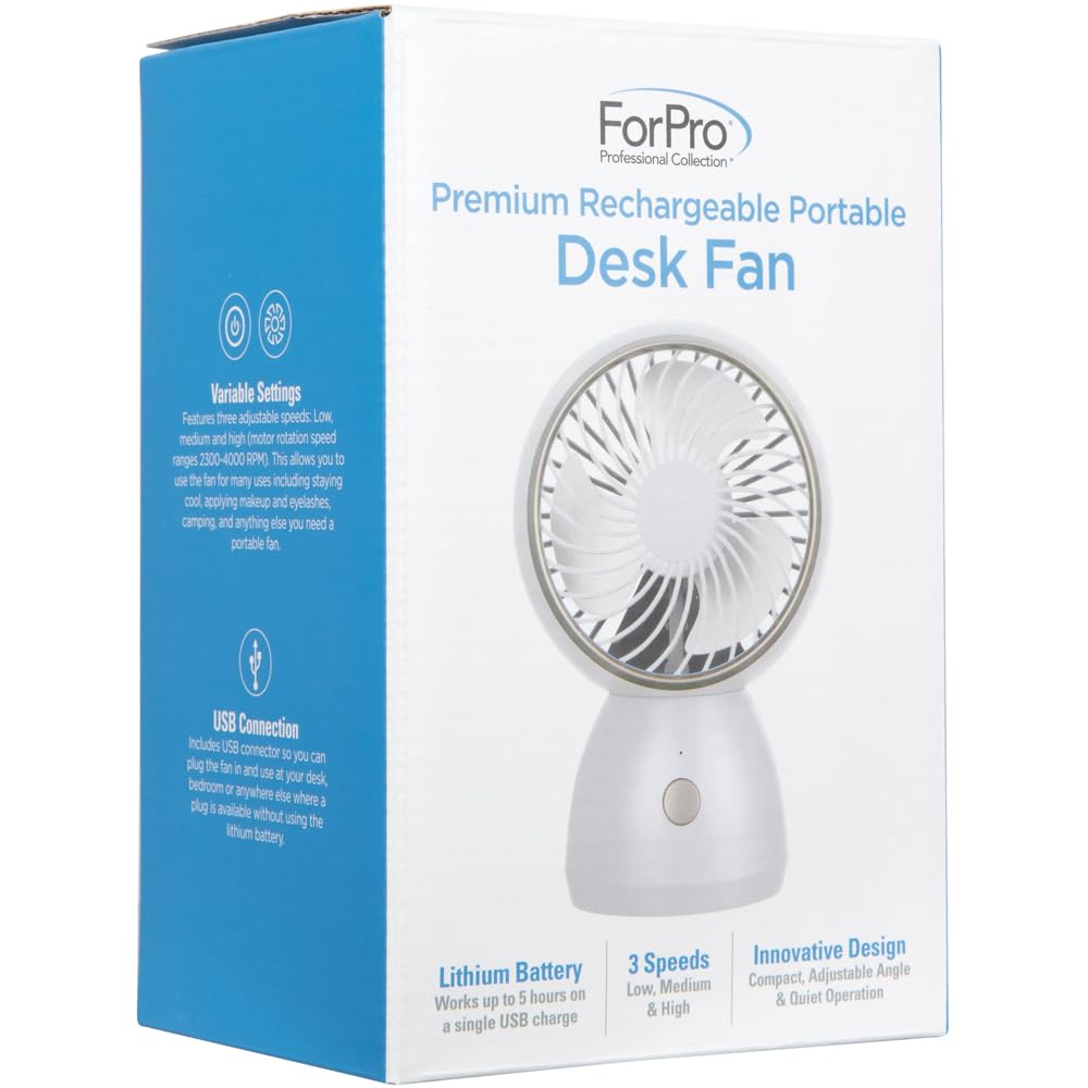 ForPro Professional Collection Premium Rechargeable Portable Desk Fan - 3-Speed USB Mini Fan for Travel, Home & Office - Lightweight Personal Cooling Fan (Pure White) | Perfect for Work Desks, Dorm Rooms & Summer Travel