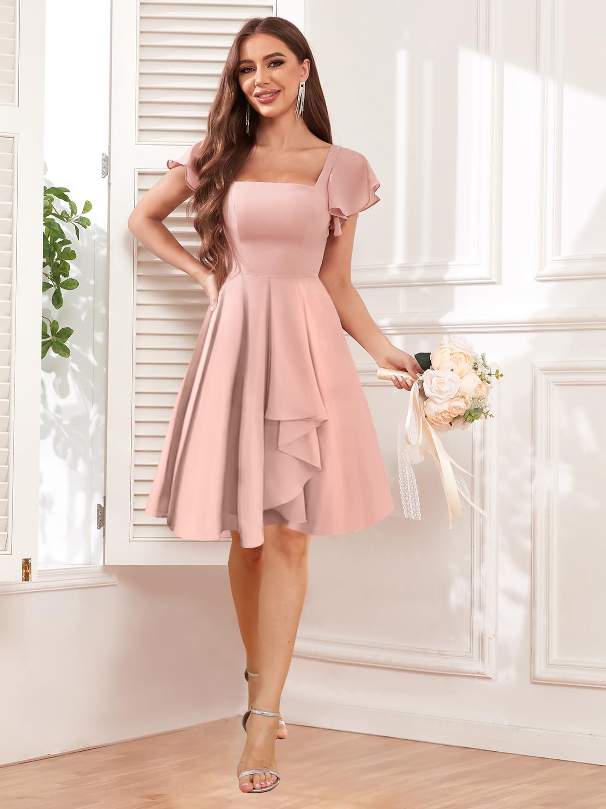Elegant Short Chiffon Bridesmaid Dress with Sleeves - Square Neck A-line Formal Gown for Wedding Guest, Party & Special Occasions