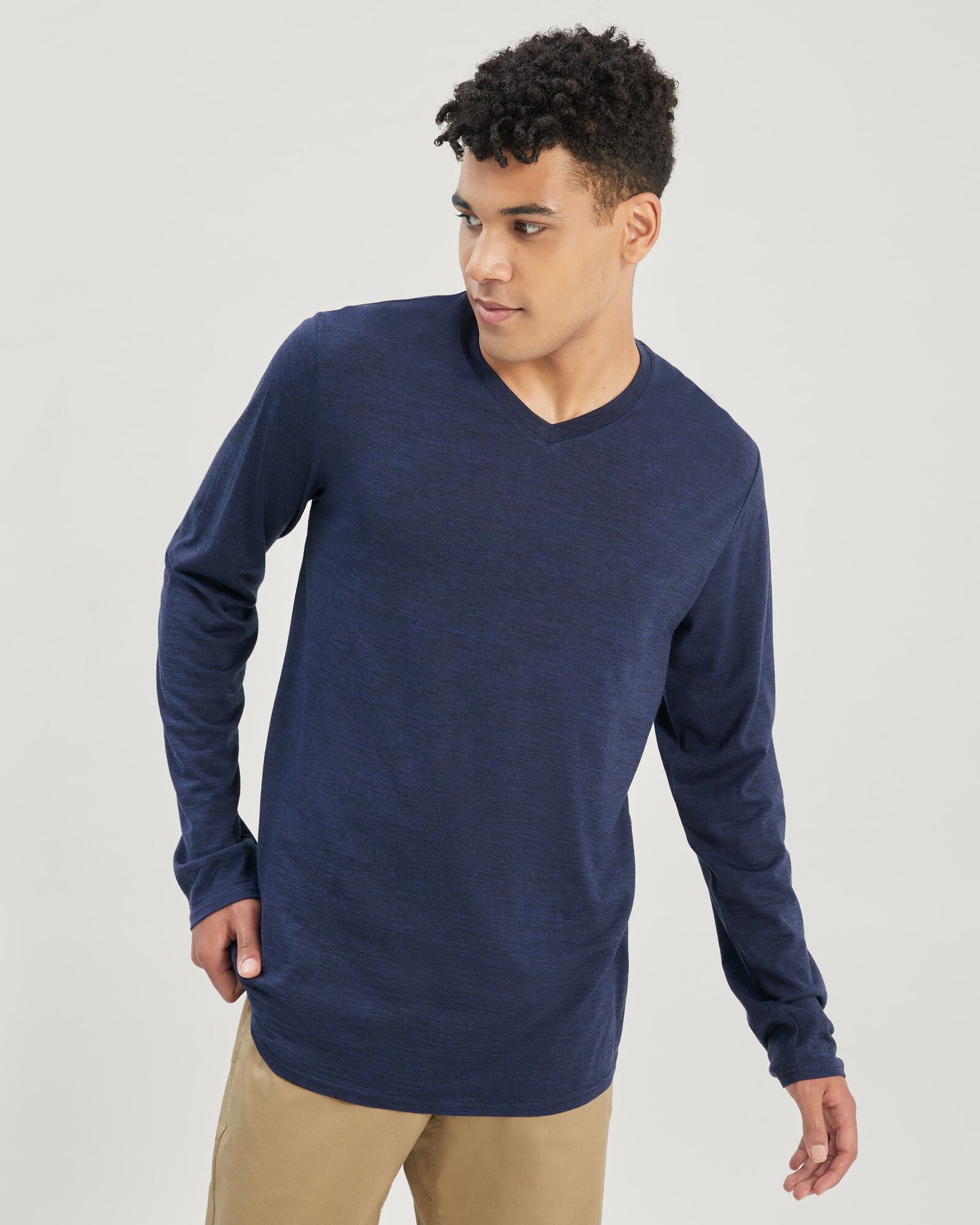 100% Merino Wool Men's Long Sleeve V-Neck Shirt - Midnight Navy Marle - Perfect for Hiking, Travel & Winter Layering