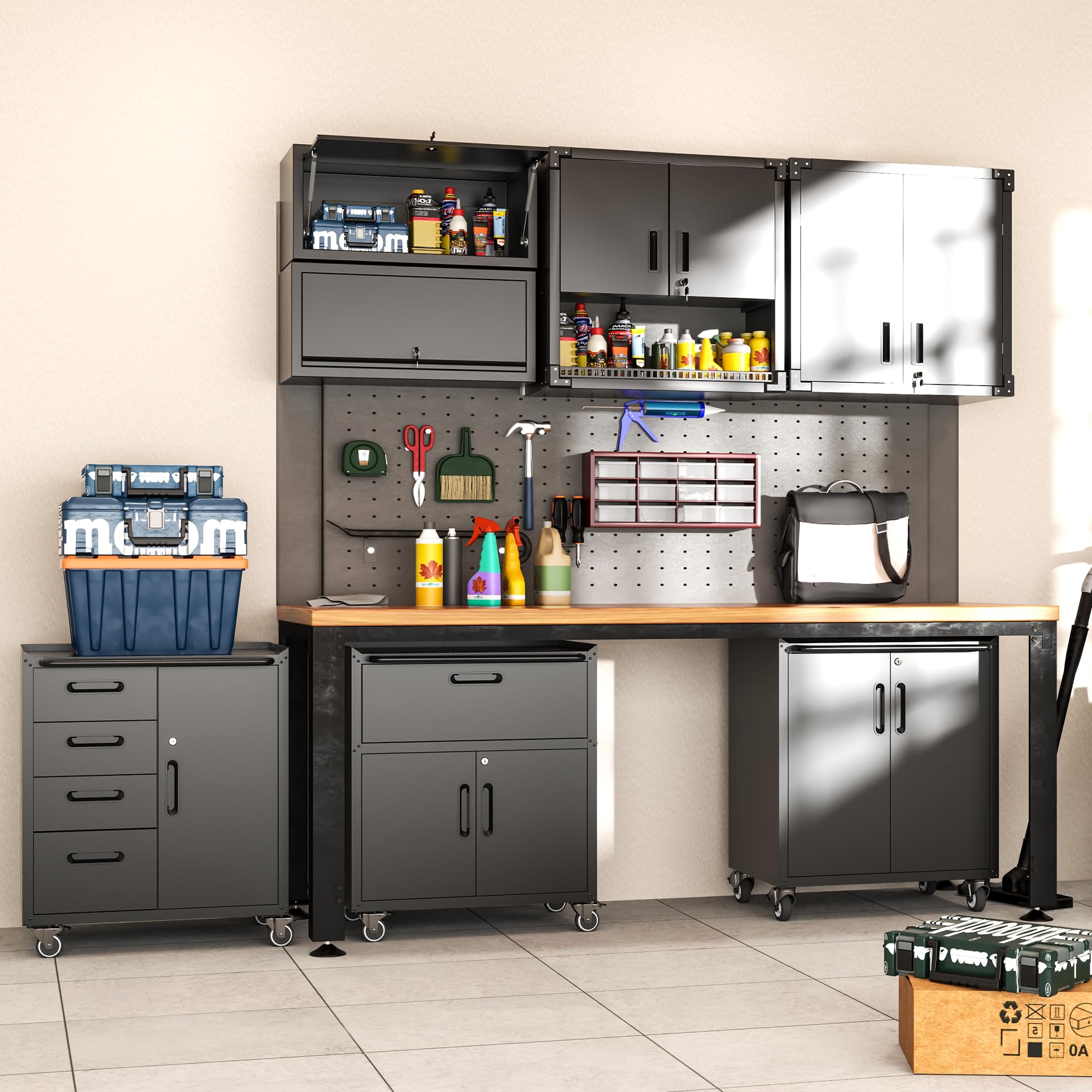 Black Metal Wall Cabinet with Up-Flip Door - Garage & Kitchen Storage Cabinet, Wall-Mounted Organizer for Home, Office, Warehouse (Perfect for Tools, Spices & Supplies)