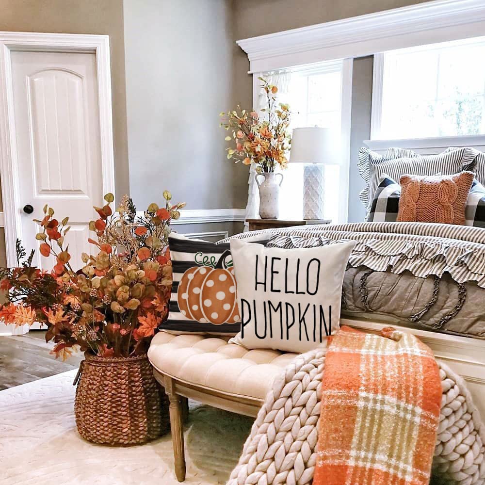GEEORY 18x18 Fall Decor Pillow Covers Set of 4 - Polka Dot Pumpkin Maple Leaf Thanksgiving Throw Pillow Cases for Couch, Sofa & Outdoor Decor - Farmhouse Seasonal Home Decor for Autumn, Halloween & Thanksgiving
