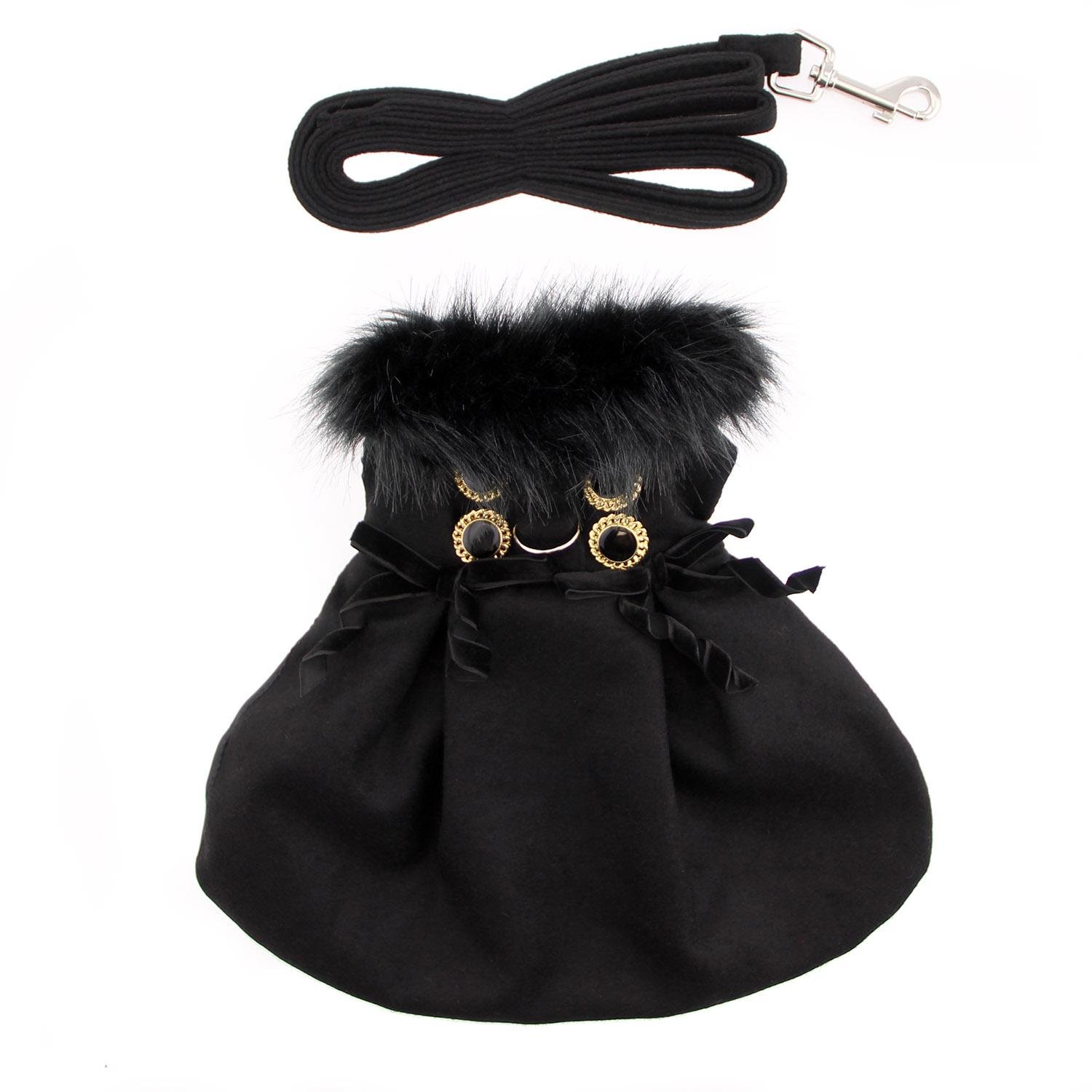 Warm Wool Fur Trimmed Dog Harness Coat with Adjustable Skirt - Black Medium Size for Small to Medium Dogs | Perfect for Winter Walks & Outdoor Adventures