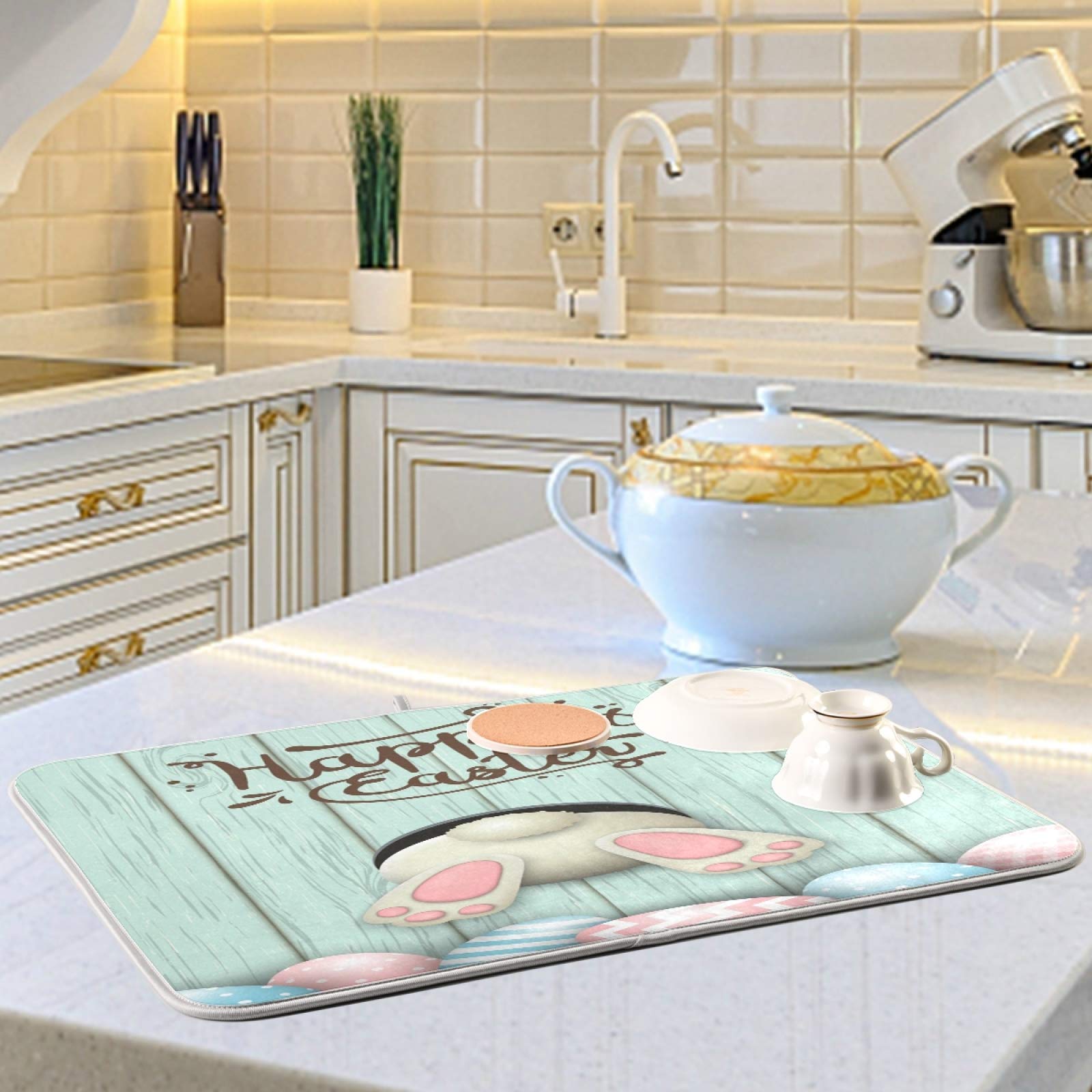 ALAZA Easter Bunny Eggs Dish Drying Mat - Absorbent Microfiber Kitchen Counter Drying Pad (16x18 Inch) for Dishes, Cups & Utensils - Perfect for Easter Decor & Daily Kitchen Use