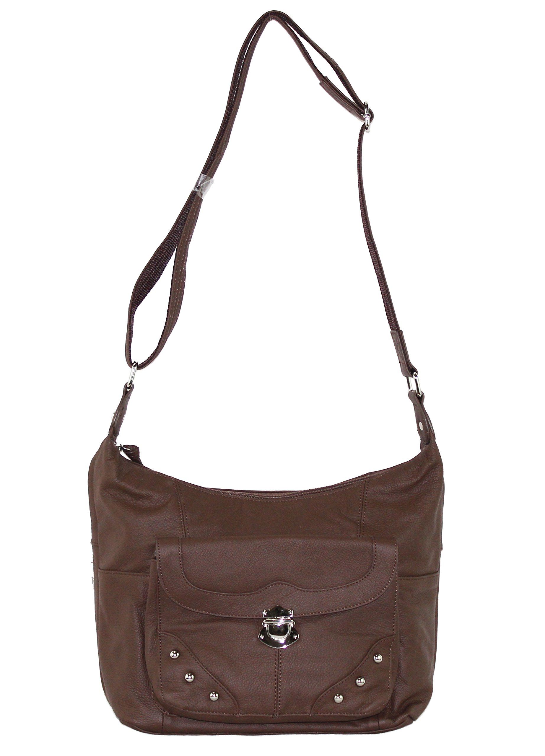 Concealed Carry Purse for Women - Stylish Studded Leather Gun Handbag with Front Pocket - Ambidextrous Left & Right Hand Draw - CCW Approved by Roma Leathers (Brown) - Perfect for Everyday Safety & Fashion