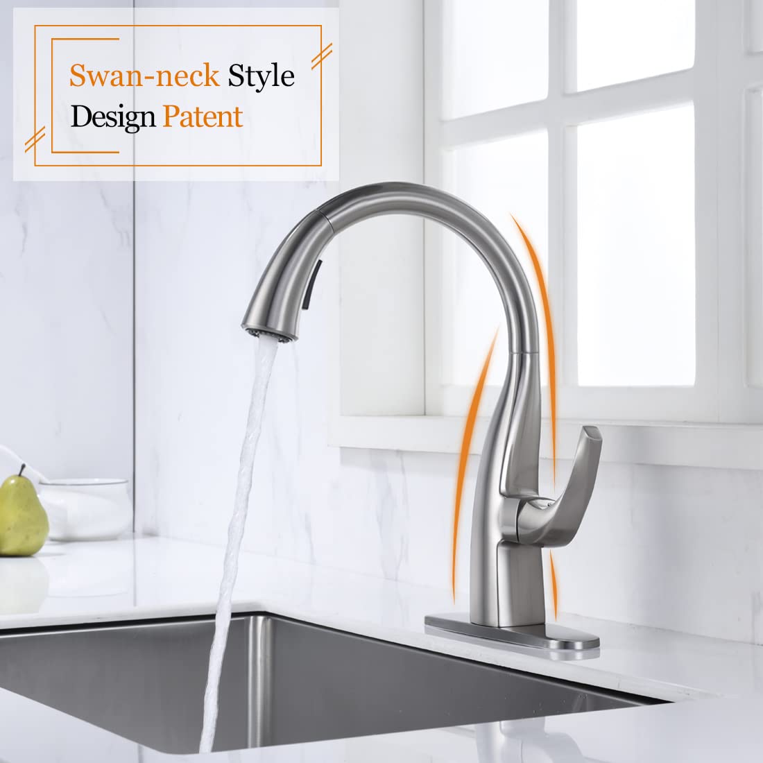 Premium Brushed Nickel Single Handle High Arc Gooseneck Kitchen Faucet with Pull Down Sprayer - Stainless Steel Modern Water Tap for Sink with Deck Plate - Ideal for Home Kitchen, Restaurant & Commercial Use (Patented Design)