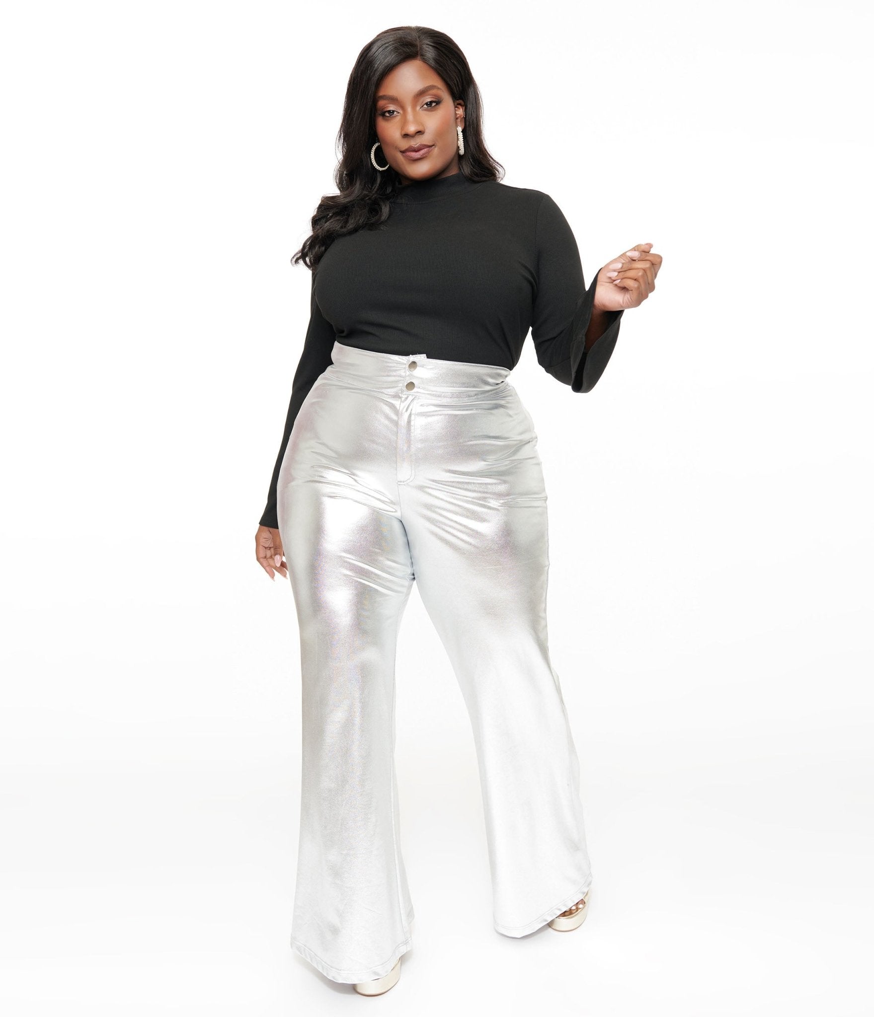 Smak Parlour Plus Size 1960s Retro Metallic Silver High Waist Flare Pants for Women - Vintage Wide Leg Trousers for Casual Wear, Parties & Special Occasions