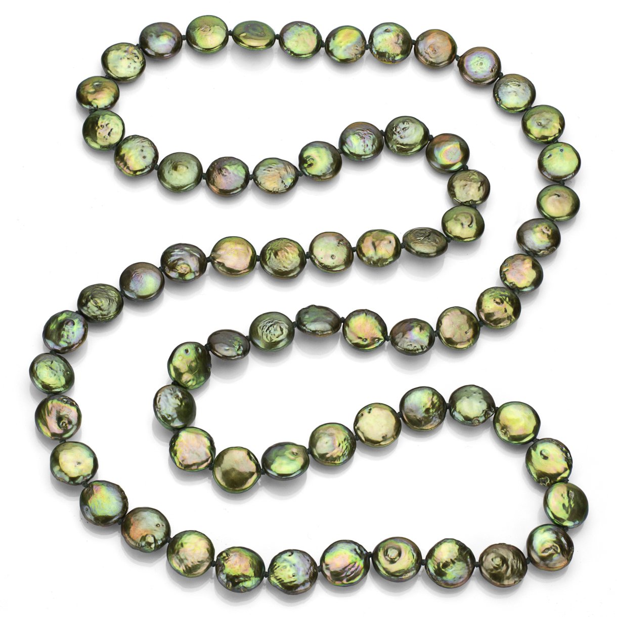 10-10.5mm Dyed Green Coin-Shaped Freshwater Cultured Pearl Endless Necklace - 36 Inch Elegant Pearl Choker for Women, Perfect for Weddings, Parties & Special Occasions
