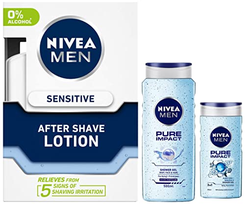 NIVEA MEN Sensitive After Shave Lotion 100ml & Pure Impact Body Wash with Purifying Micro Particles - Post Shave Soothing & Deep Cleansing for Men - Perfect for Daily Grooming and Refreshing Shower Routine