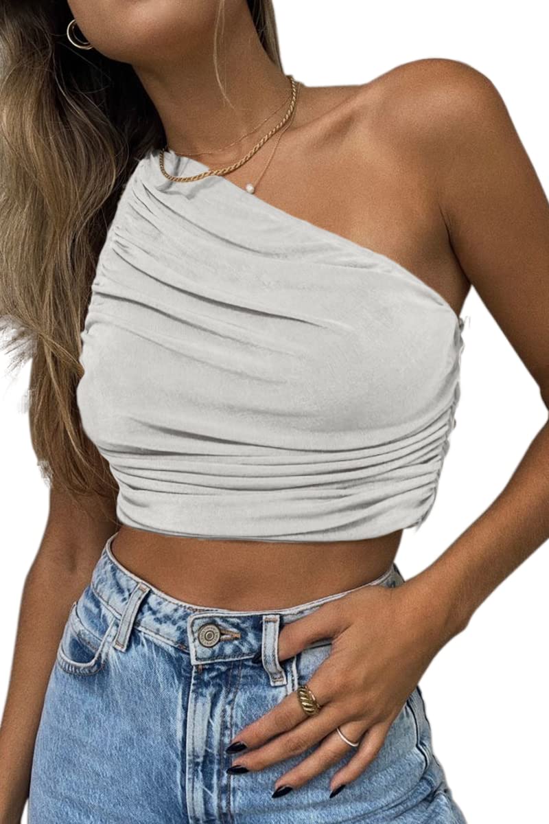 CHYRII Women's Sexy Sparkly One Shoulder Crop Top Sleeveless Ruched Tank Top for Party, Club, Night Out, and Summer Vacation