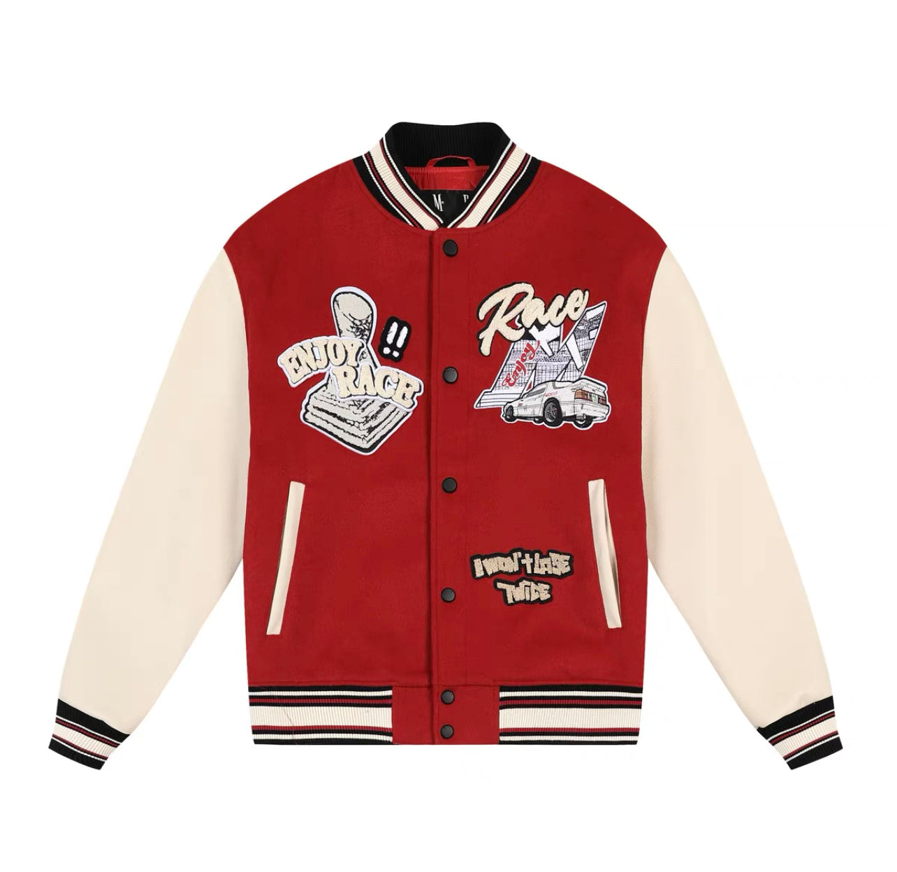 Mr Enjoy Da Money Initial D RX7 Varsity Racing Jacket - Red Black White Color Block Design - Anime Streetwear & Car Enthusiast Fashion - Perfect for Cosplay, Car Meets, and Casual Wear