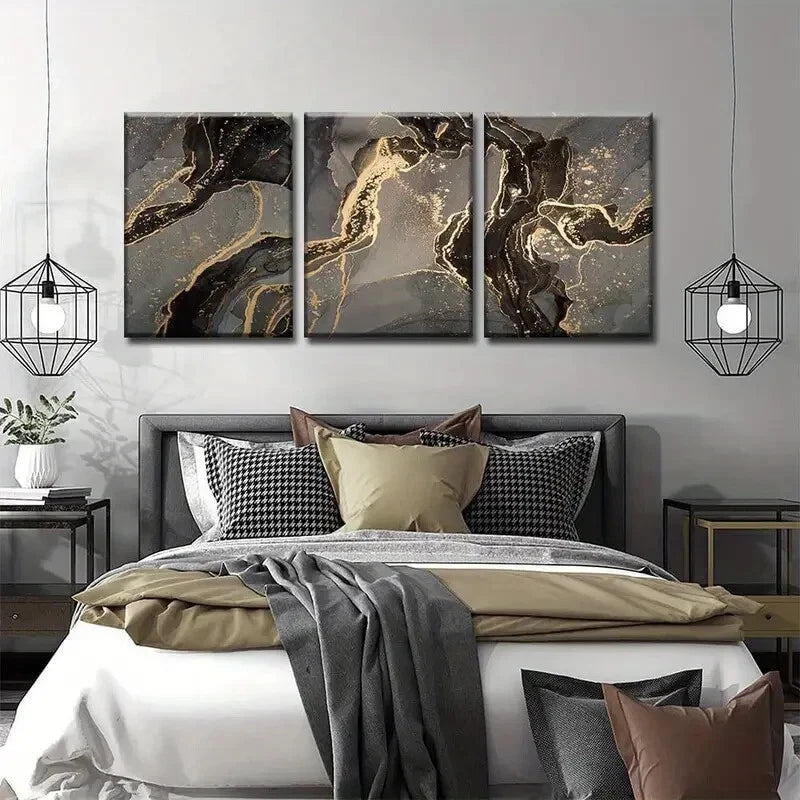 3-Piece Abstract Black and Gold Metal Wall Art - Ready to Hang Modern Home Decor for Living Room, Bedroom, or Office
