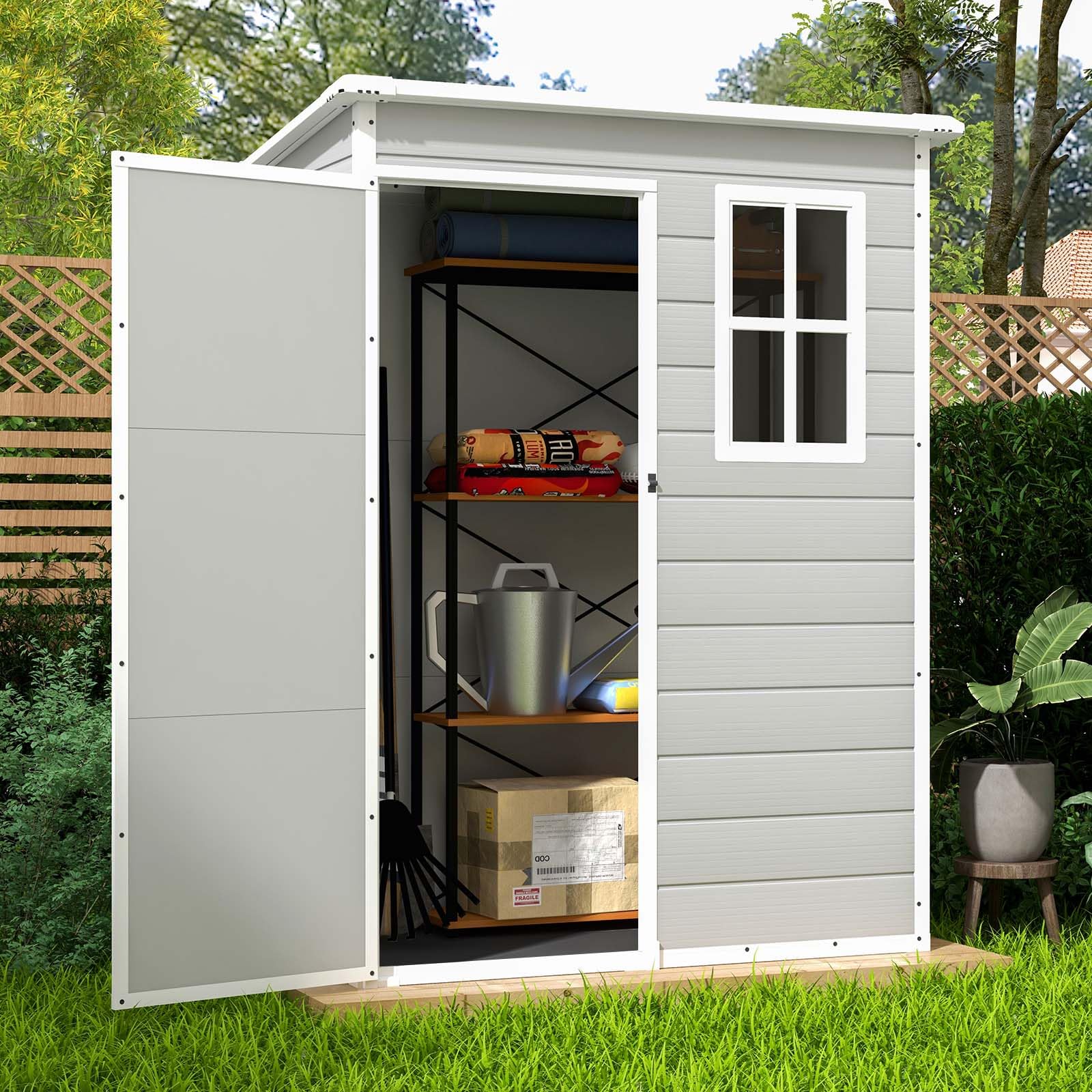 Patiowell 5x3 FT Resin Outdoor Storage Shed - Waterproof Garden Shed for Patio Furniture, Lawn Mower, Bikes & Beach Chairs | Heavy-Duty Grey & White Utility Shed for Backyard, Garage & Poolside Storage