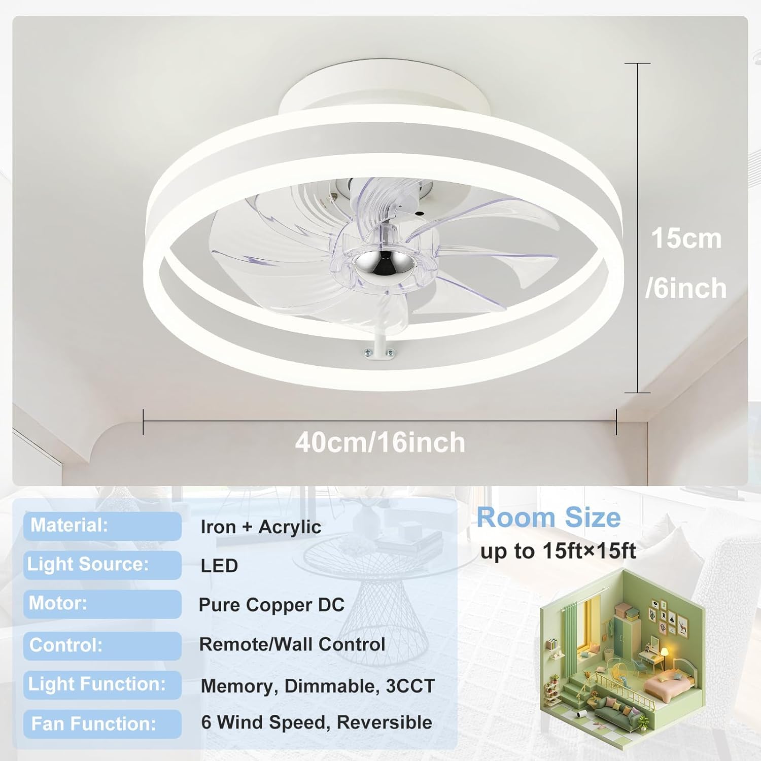 RIYNFO Modern Flush Mount Ceiling Fan with Light - Remote Control, Reversible 6 Speeds, 3CCT Dimmable LED, Ultra Quiet - White Ceiling Fan for Bedroom, Living Room, Office Indoor Use - Perfect for Home Cooling and Stylish Lighting