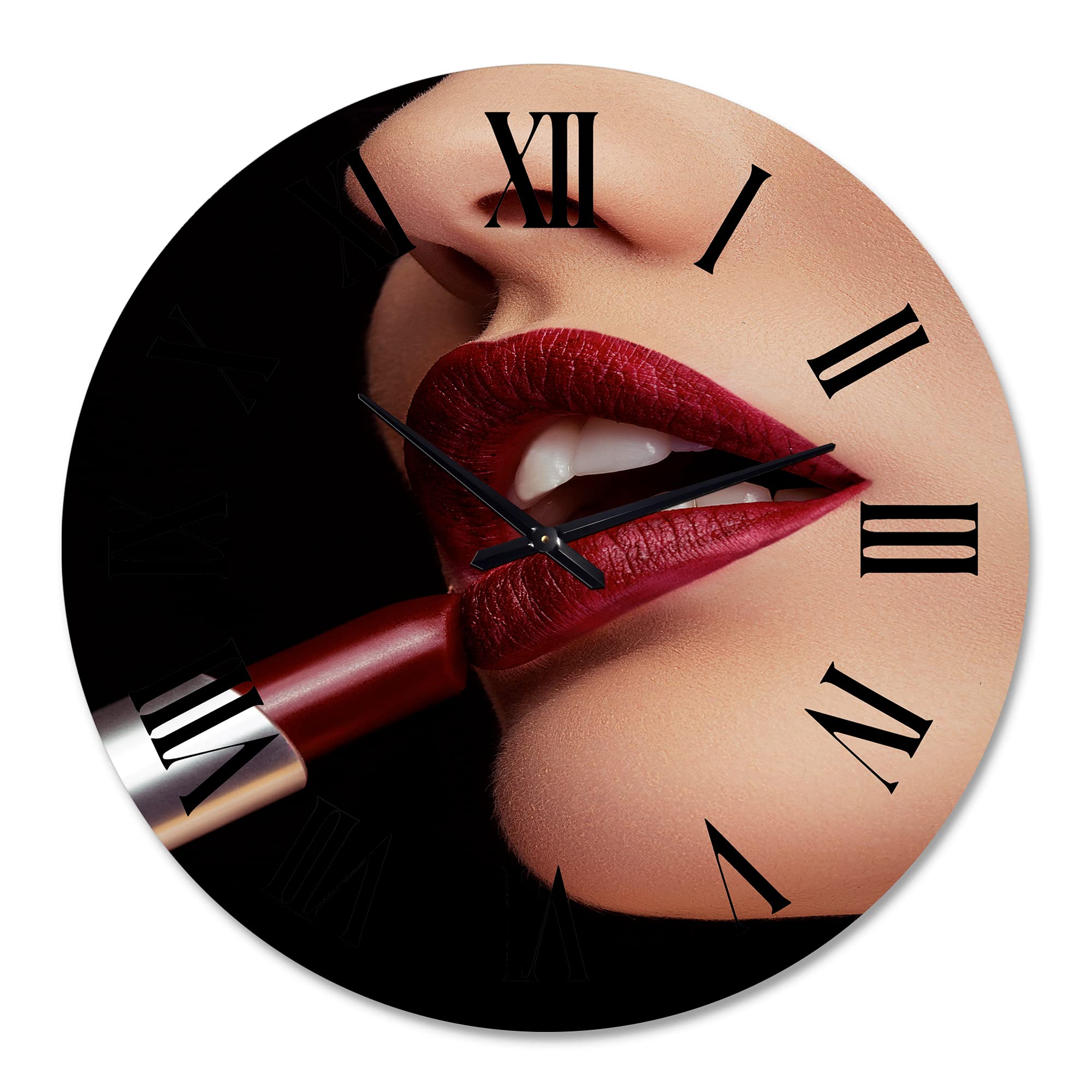 DesignQ Modern Large Wall Clock - 'Applying Red Lipstick' Art Decor for Kitchen, Living Room, Bedroom & Office | Silent Non-Ticking Battery Operated