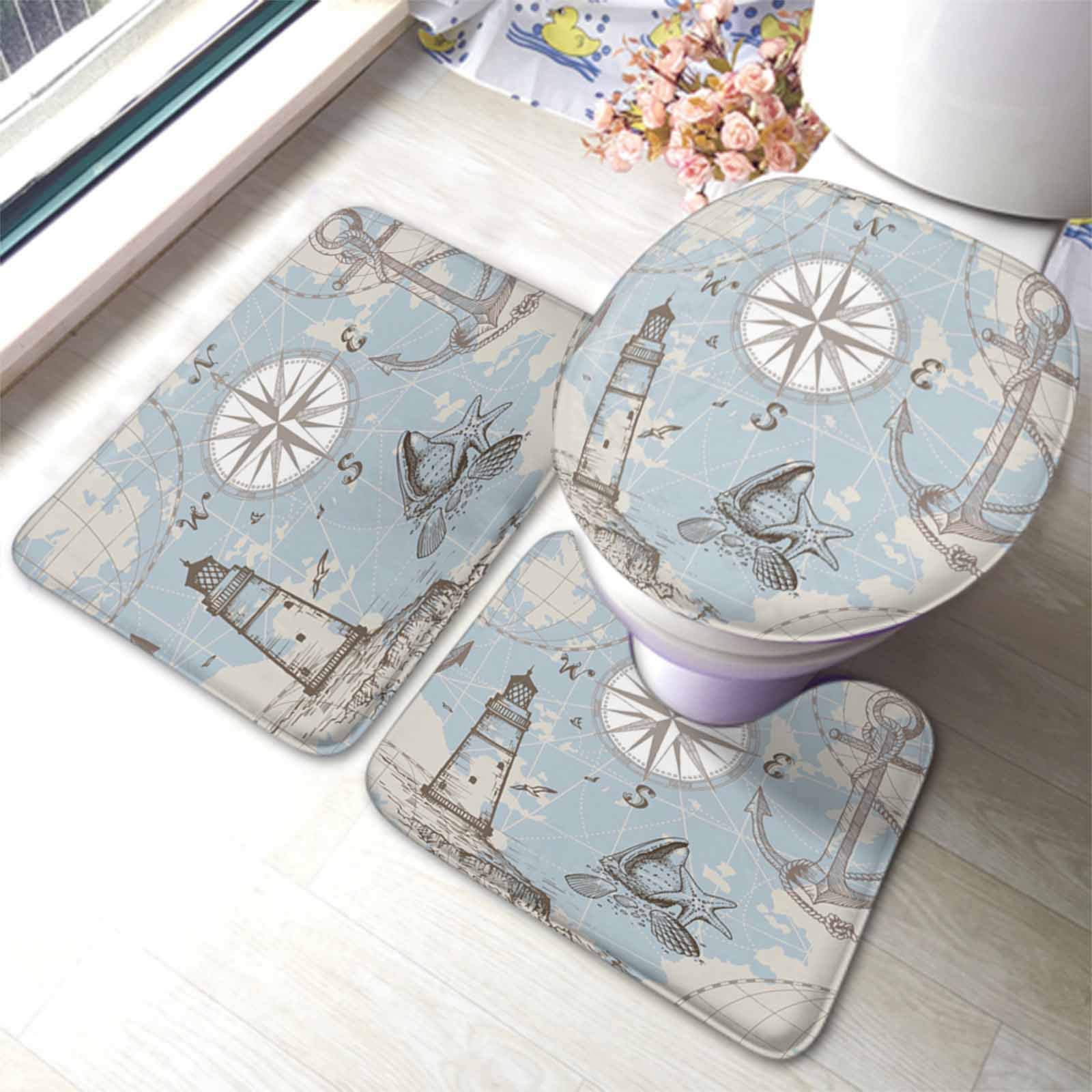 HOSNYE 3-Piece Bathroom Rug Set - Nautical Sea Map with Compass, Lighthouse, Anchor & Seashells Print - Non-Slip U-Shaped Contour Bath Mat, Floor Mat & Toilet Lid Cover - Coastal Decor for Beach House, Boat or Bathroom Makeover