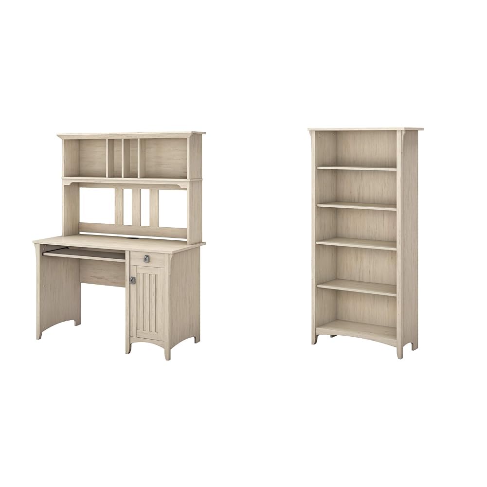 Bush Furniture Salinas Small Computer Desk with Hutch & 5-Shelf Bookcase Set, Antique White - Compact Home Office Desk for Small Spaces, Study & Workstation Solution